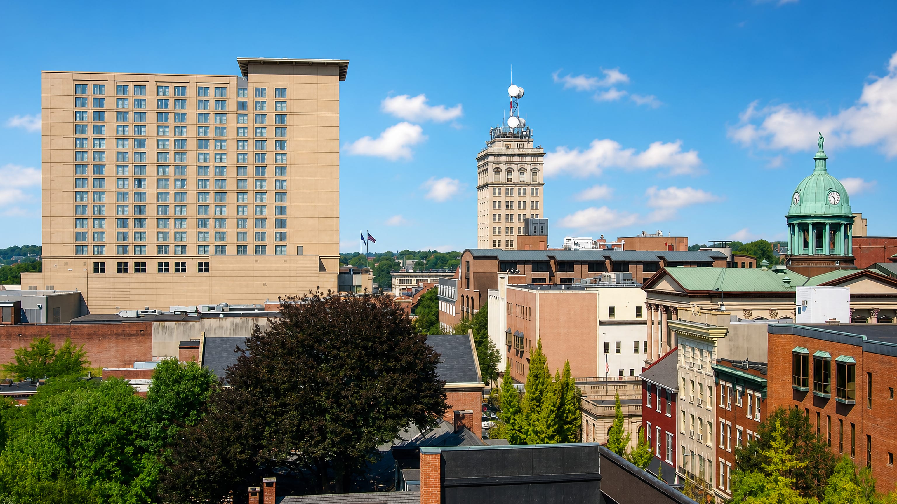 Downtown Lancaster, Pennsylvania, with the Griest Building tower and the green-domed county courthouse.