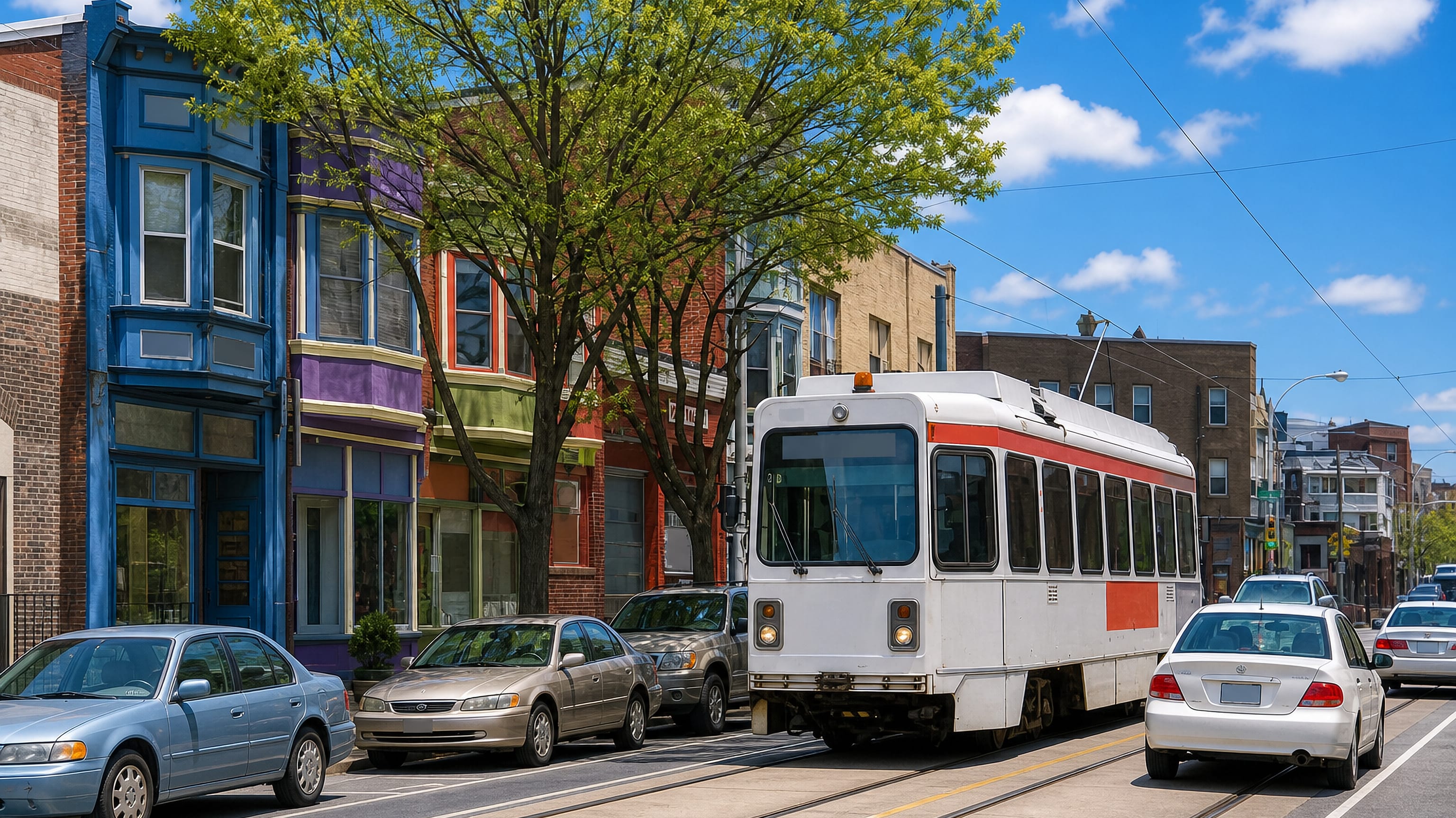 A trolley on the tracks past colourful Victorian twin houses in Cedar Park, West Philadelphia