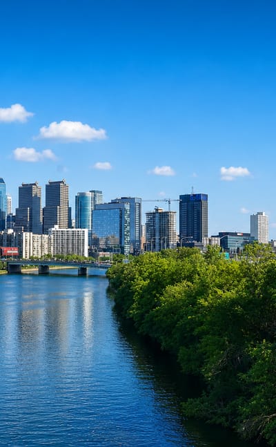 Philadelphia's Center City skyline with Comcast and Liberty Place towers rising above the tree-lined Schuylkill River.