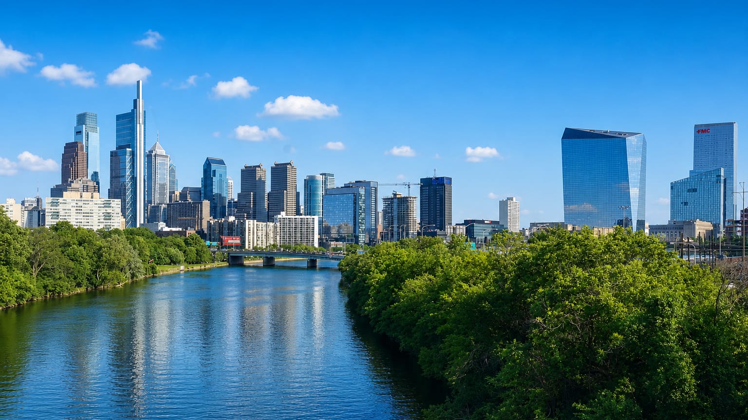 Philadelphia's Center City skyline with Comcast and Liberty Place towers rising above the tree-lined Schuylkill River.