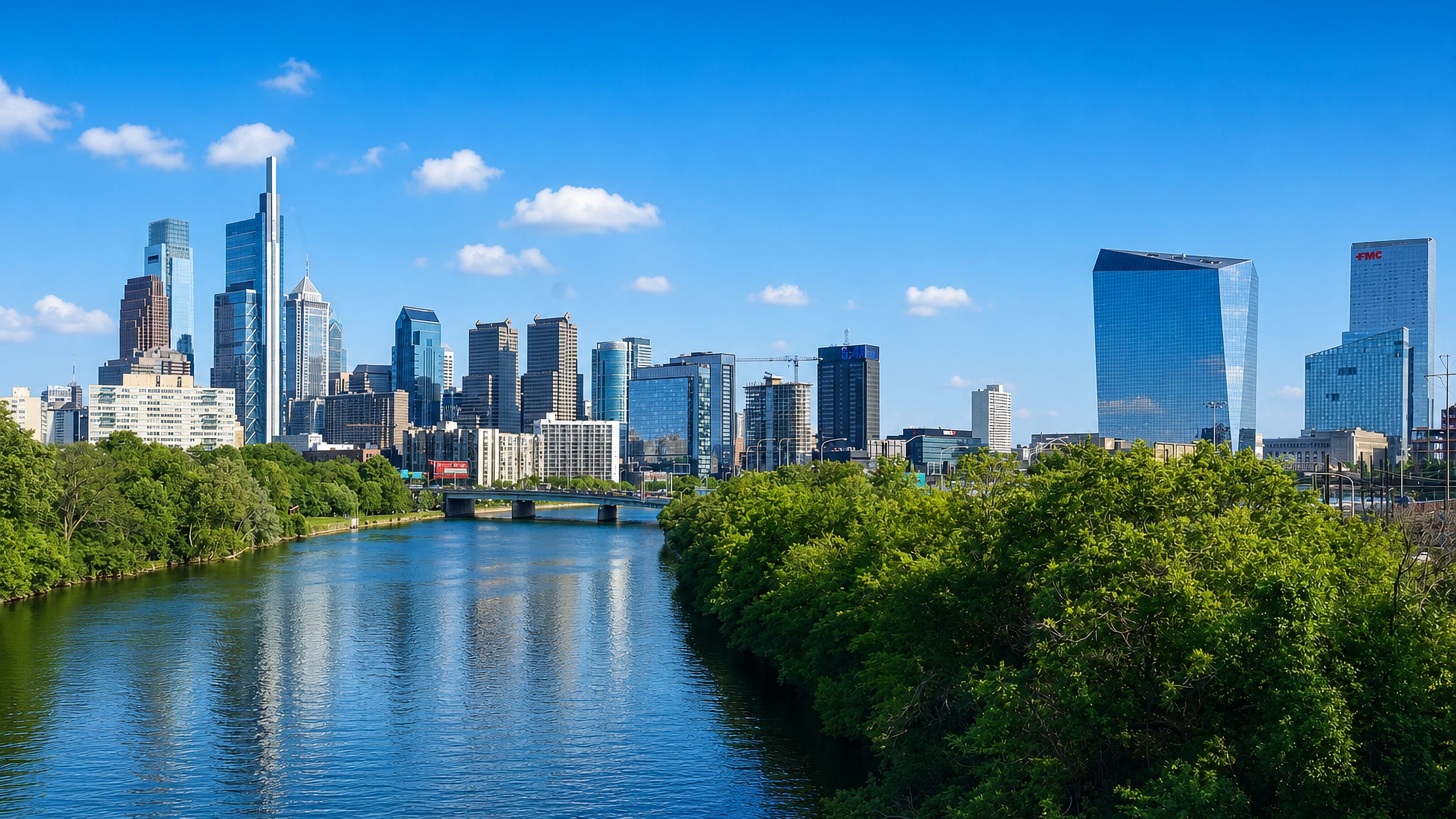 Philadelphia's Center City skyline with Comcast and Liberty Place towers rising above the tree-lined Schuylkill River.
