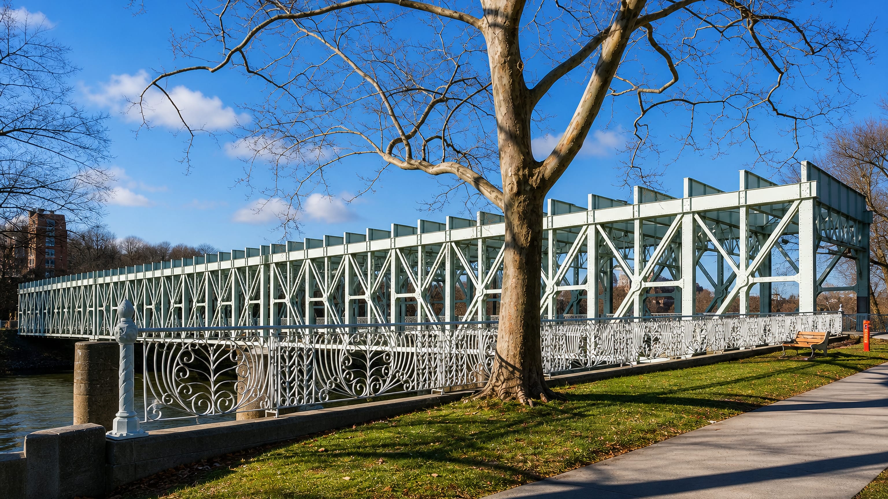 White cast-iron truss bridge over the Schuylkill River beside a bare sycamore in East Falls, Philadelphia.