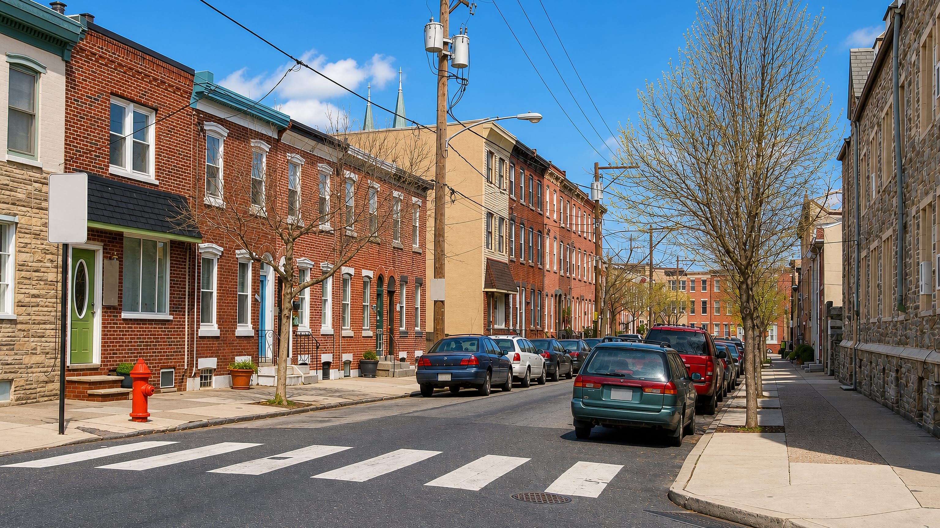 Brick rowhouses and parked cars line a quiet Fishtown street in Philadelphia under a clear sky.