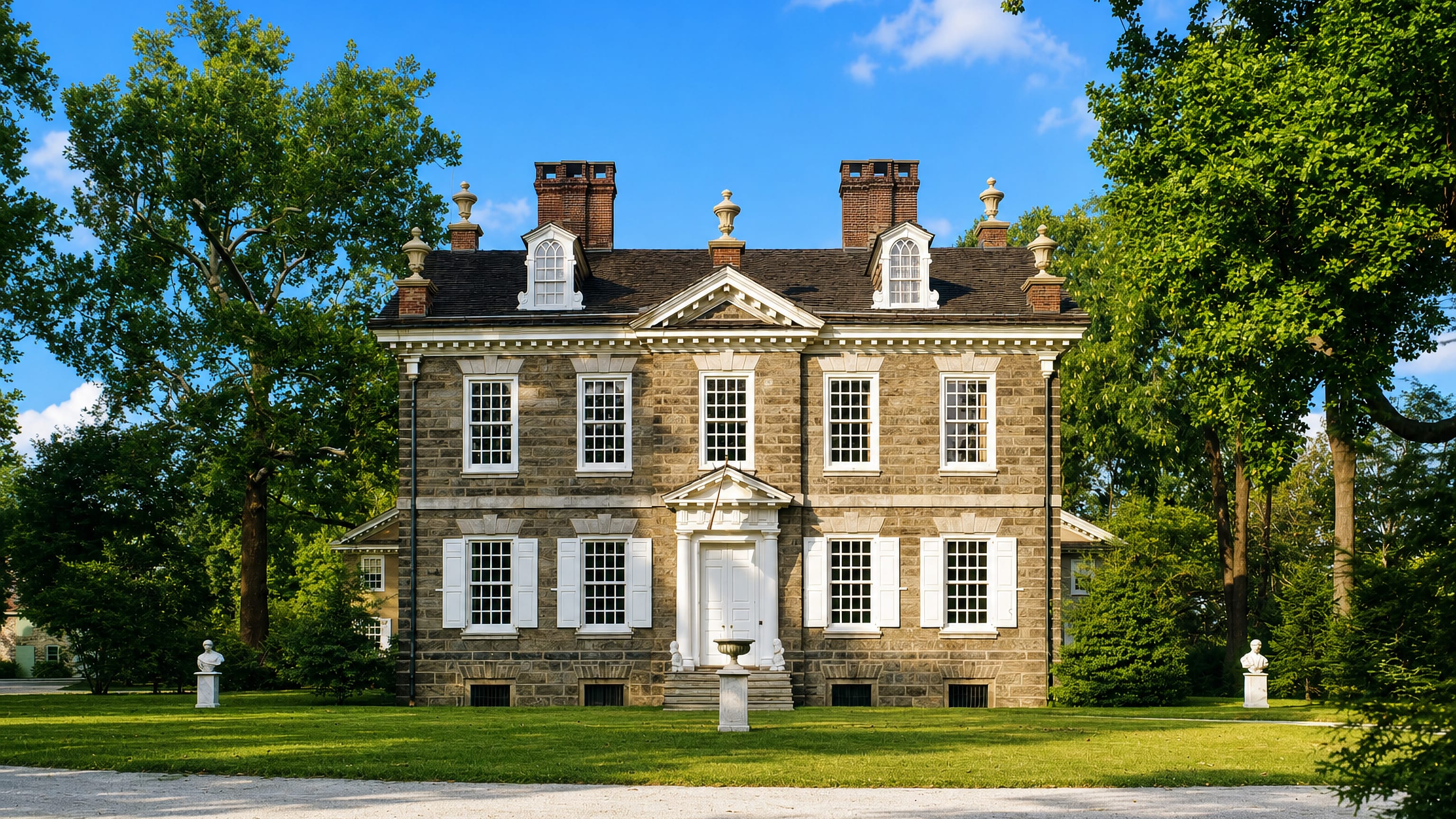 Georgian stone mansion with white shutters and tall chimneys on a lawn in Germantown, Philadelphia.