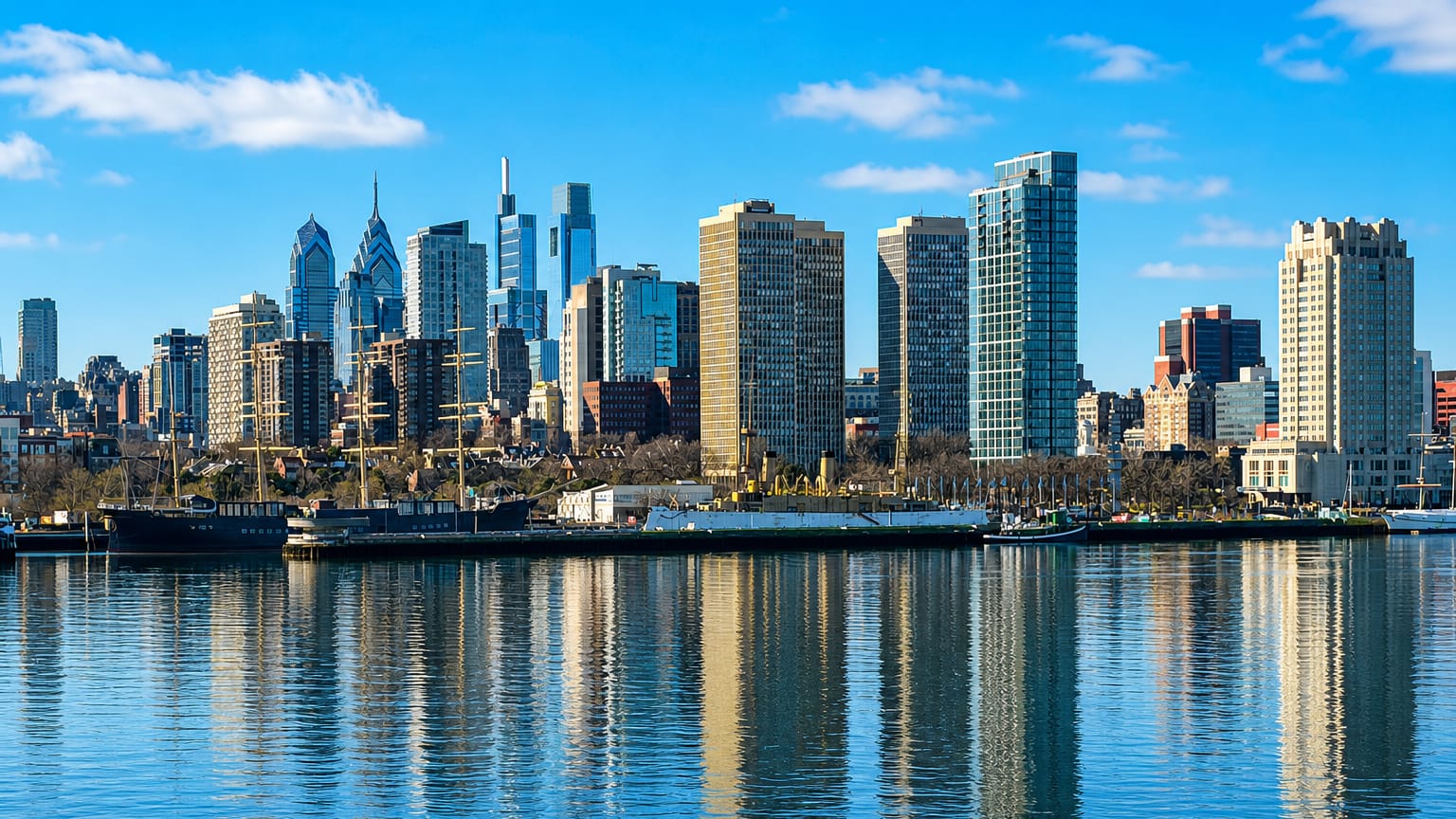 Philadelphia skyline with Center City high-rises reflected across the river on a clear day