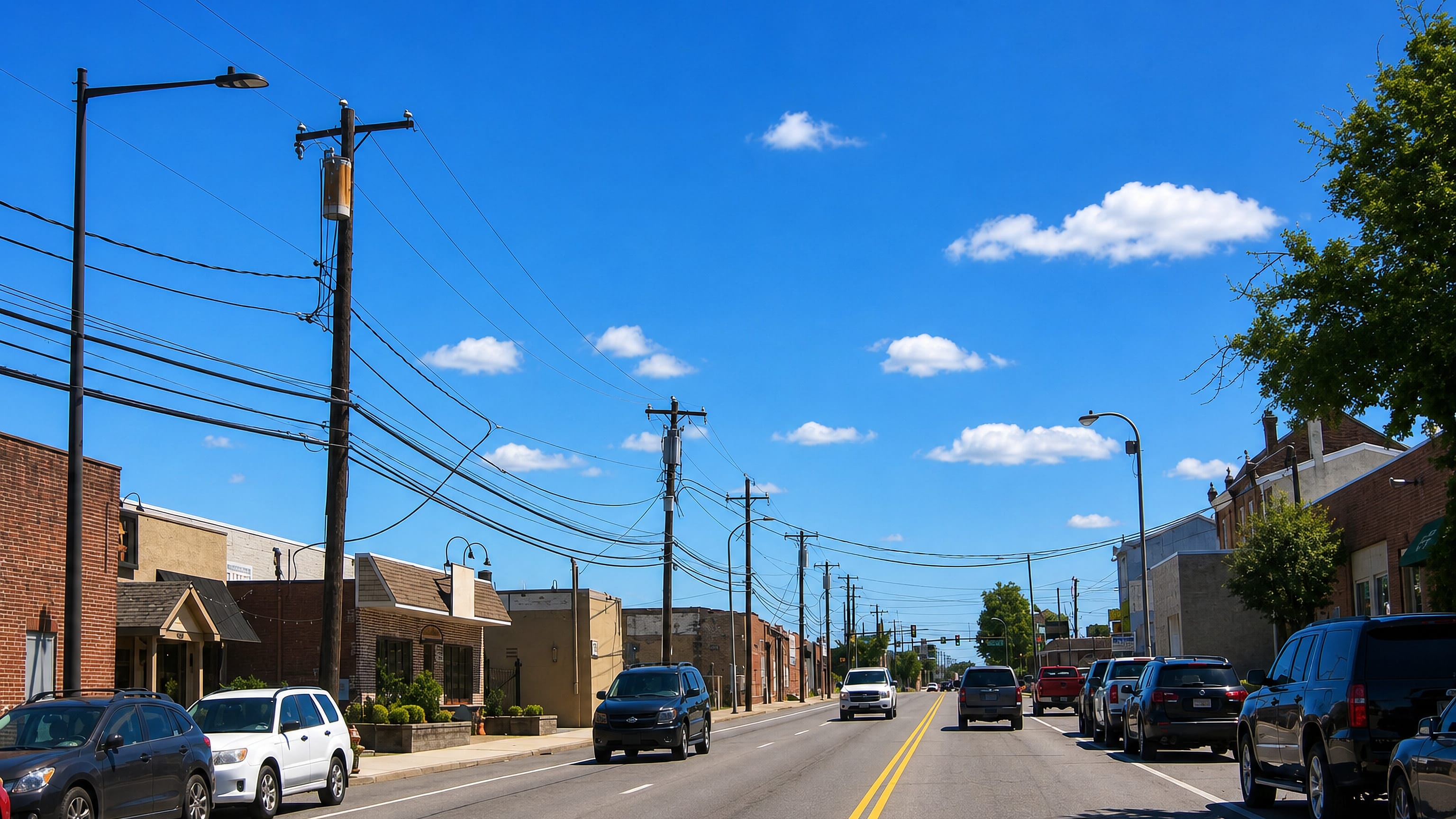 Low brick storefronts and parked cars along a wide sunlit commercial street in Holmesburg, Philadelphia