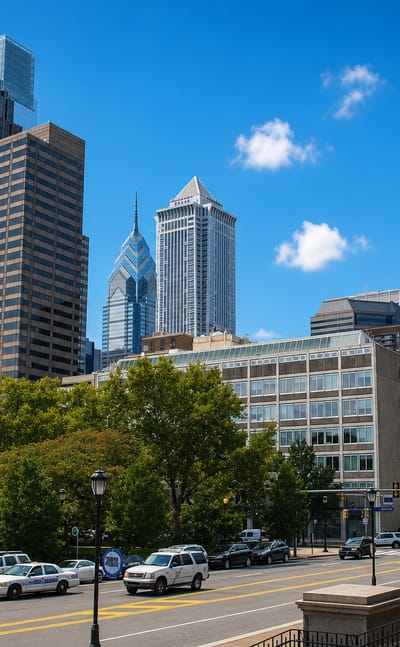Philadelphia's Liberty Place and Comcast towers rising beyond a leafy parkway street in the Logan Square area.