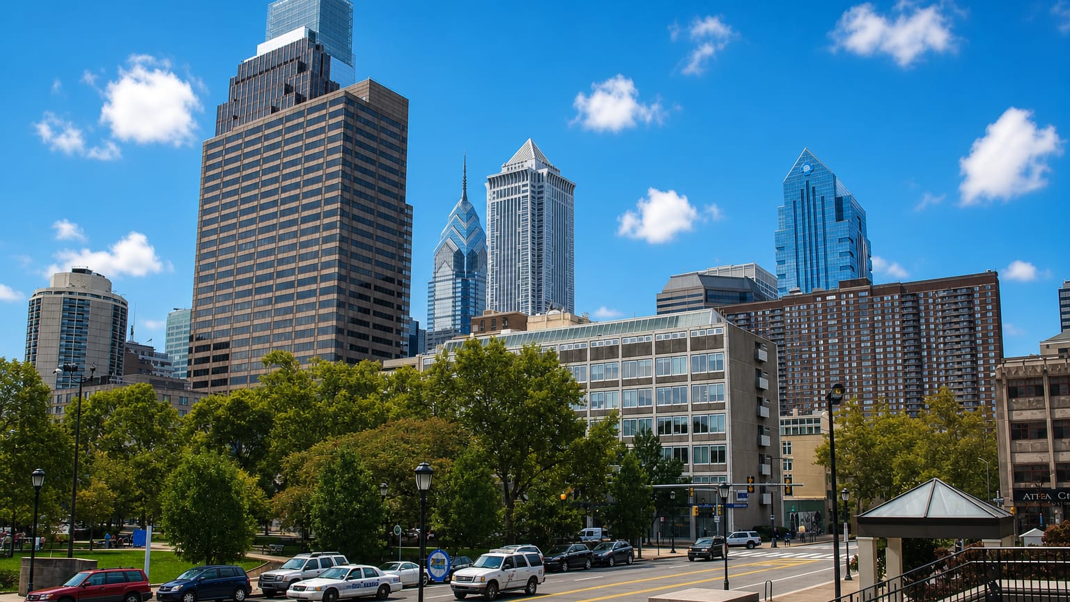 Philadelphia's Liberty Place and Comcast towers rising beyond a leafy parkway street in the Logan Square area.