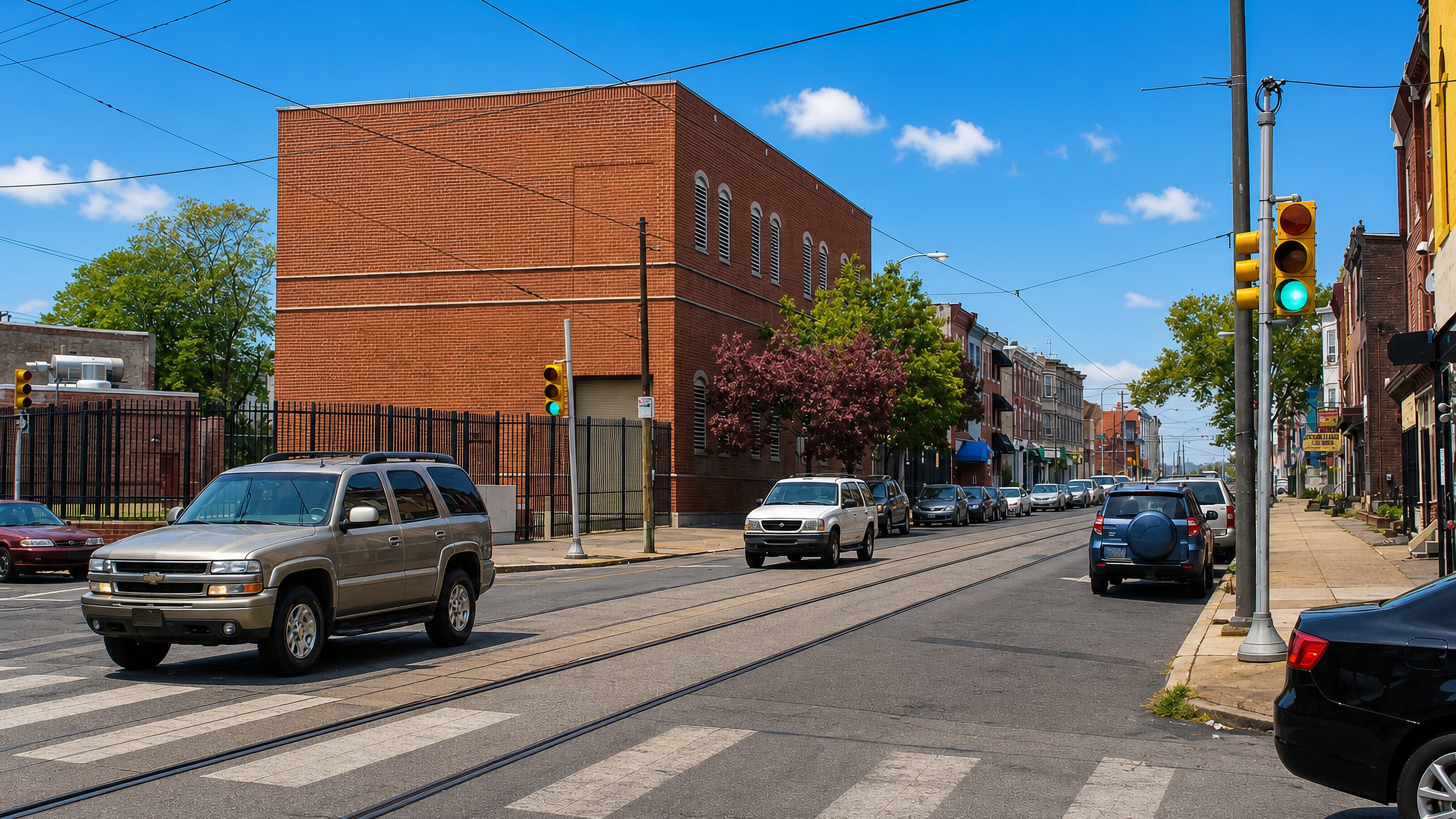 Trolley tracks running past brick rowhouses and shopfronts in Nicetown-Tioga, North Philadelphia