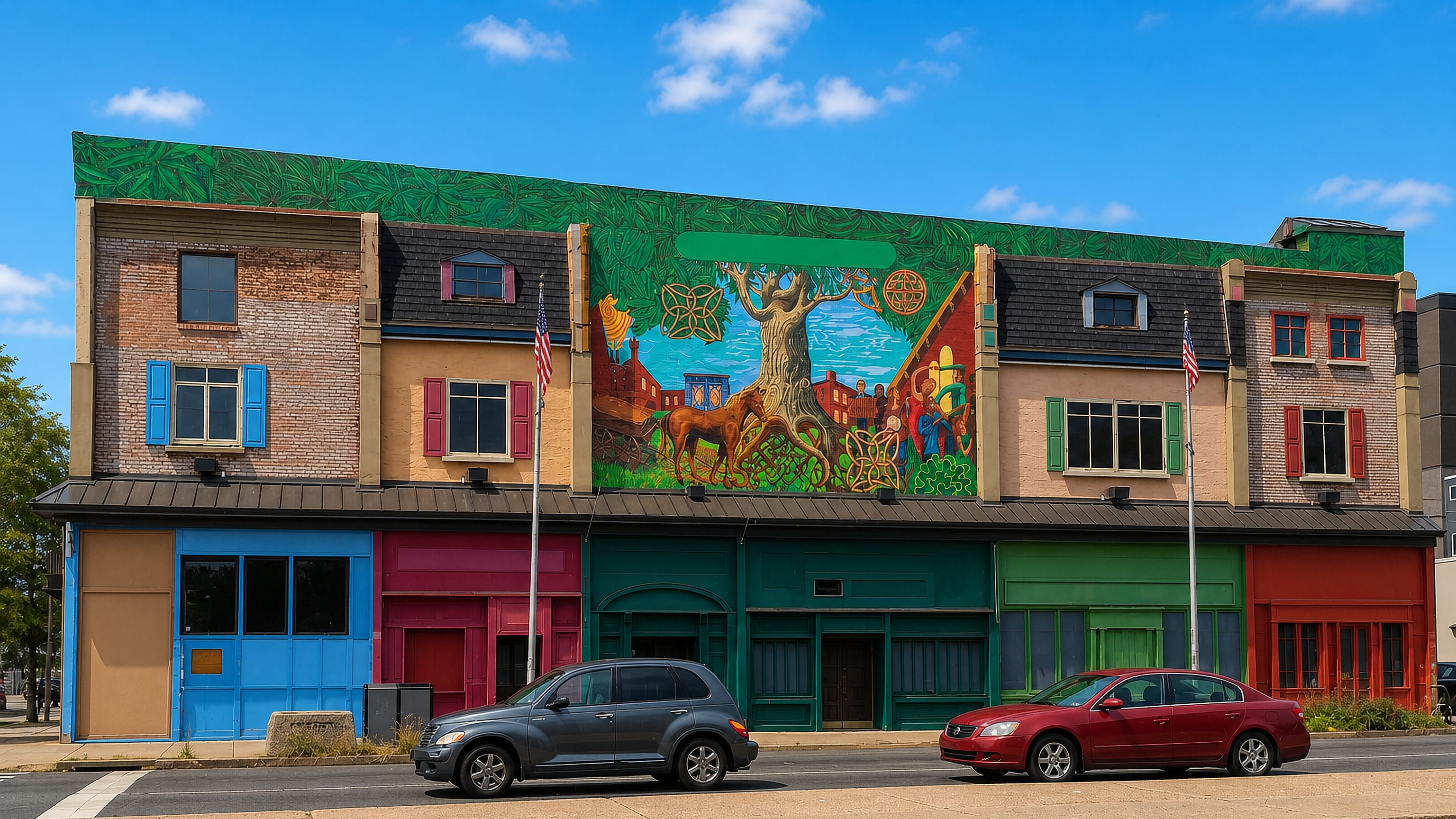 Row of brightly painted storefronts topped by a large mural in Northern Liberties, Philadelphia.