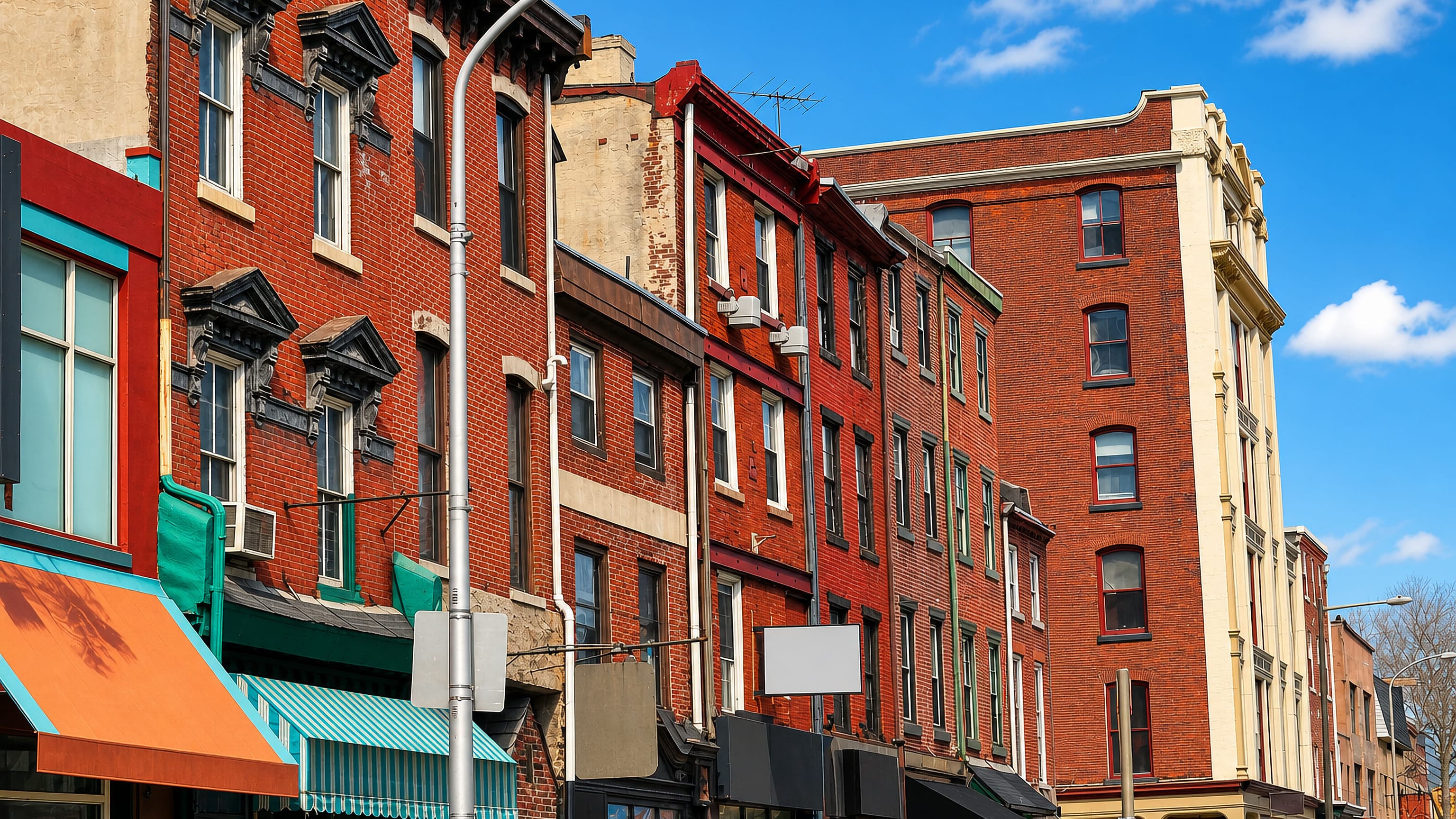 Red-brick rowhouse storefronts with colourful awnings along a street in Old City, Philadelphia.