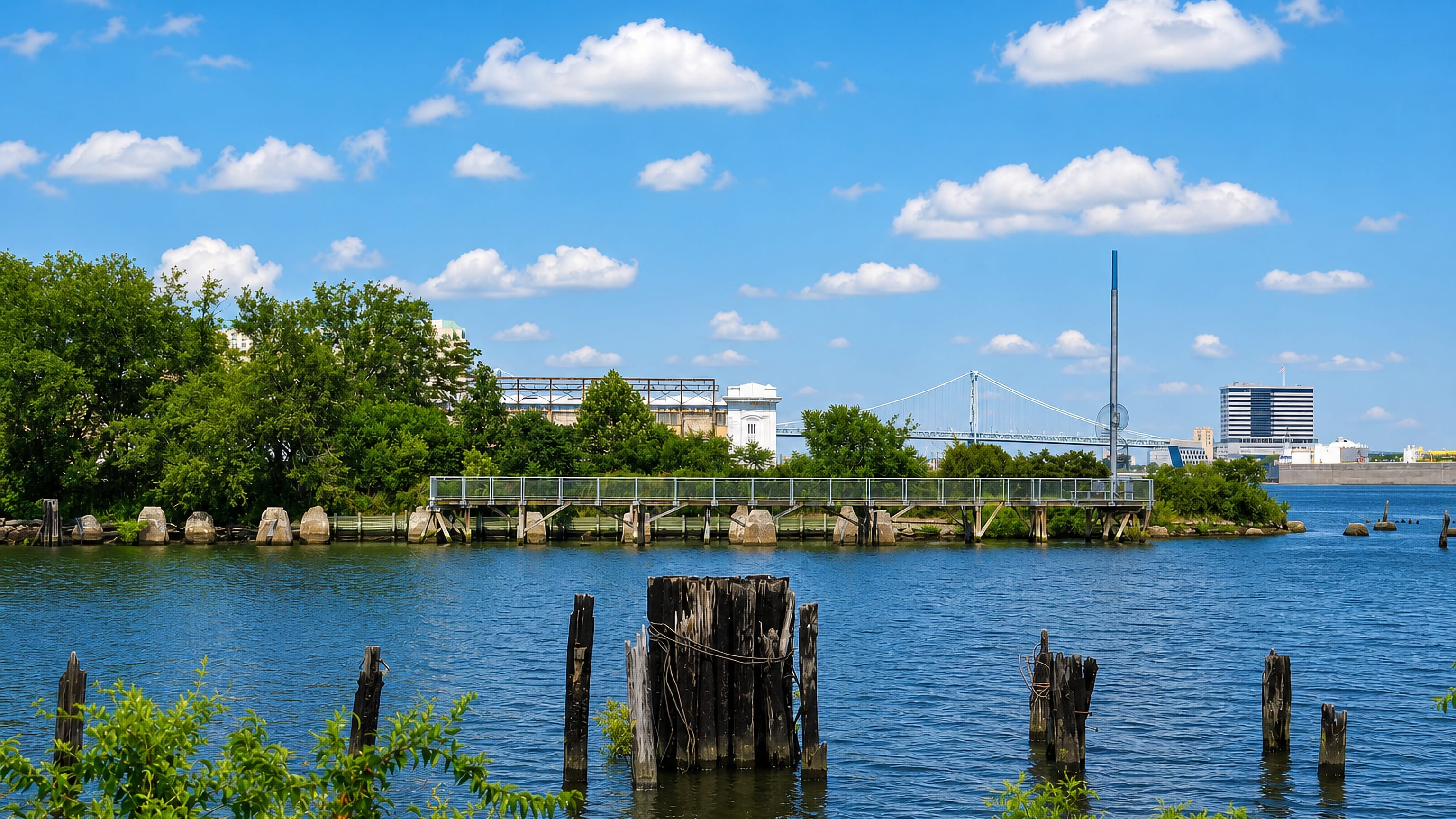 Delaware River waterfront at Pennsport, Philadelphia, with old pier pilings and the Benjamin Franklin Bridge beyond