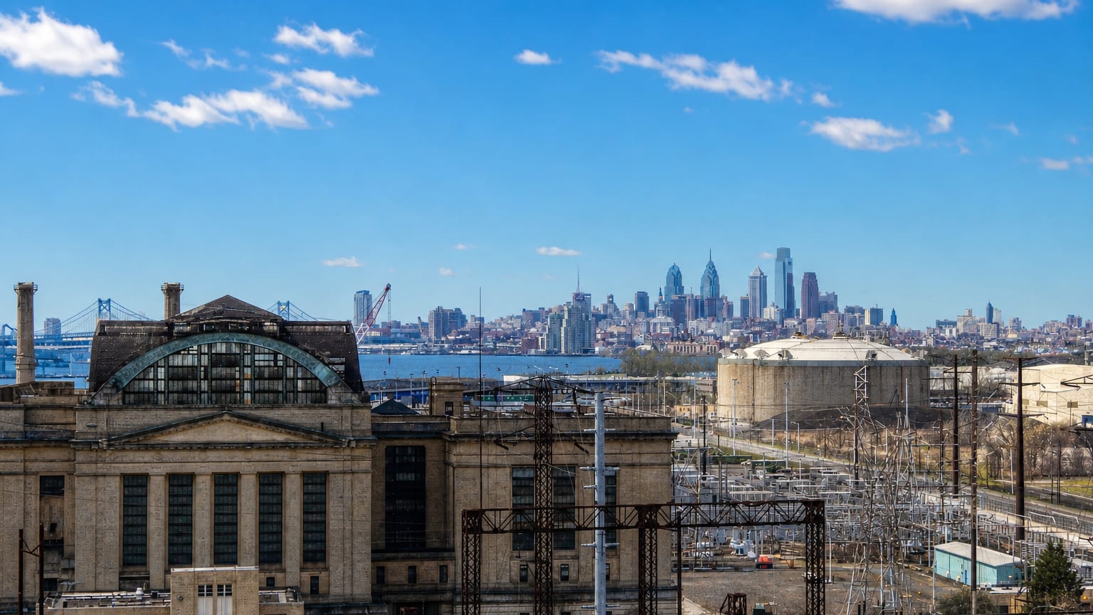 Rail yard and industrial buildings of Port Richmond, Philadelphia, with the Center City skyline and Benjamin Franklin Bridge beyond.