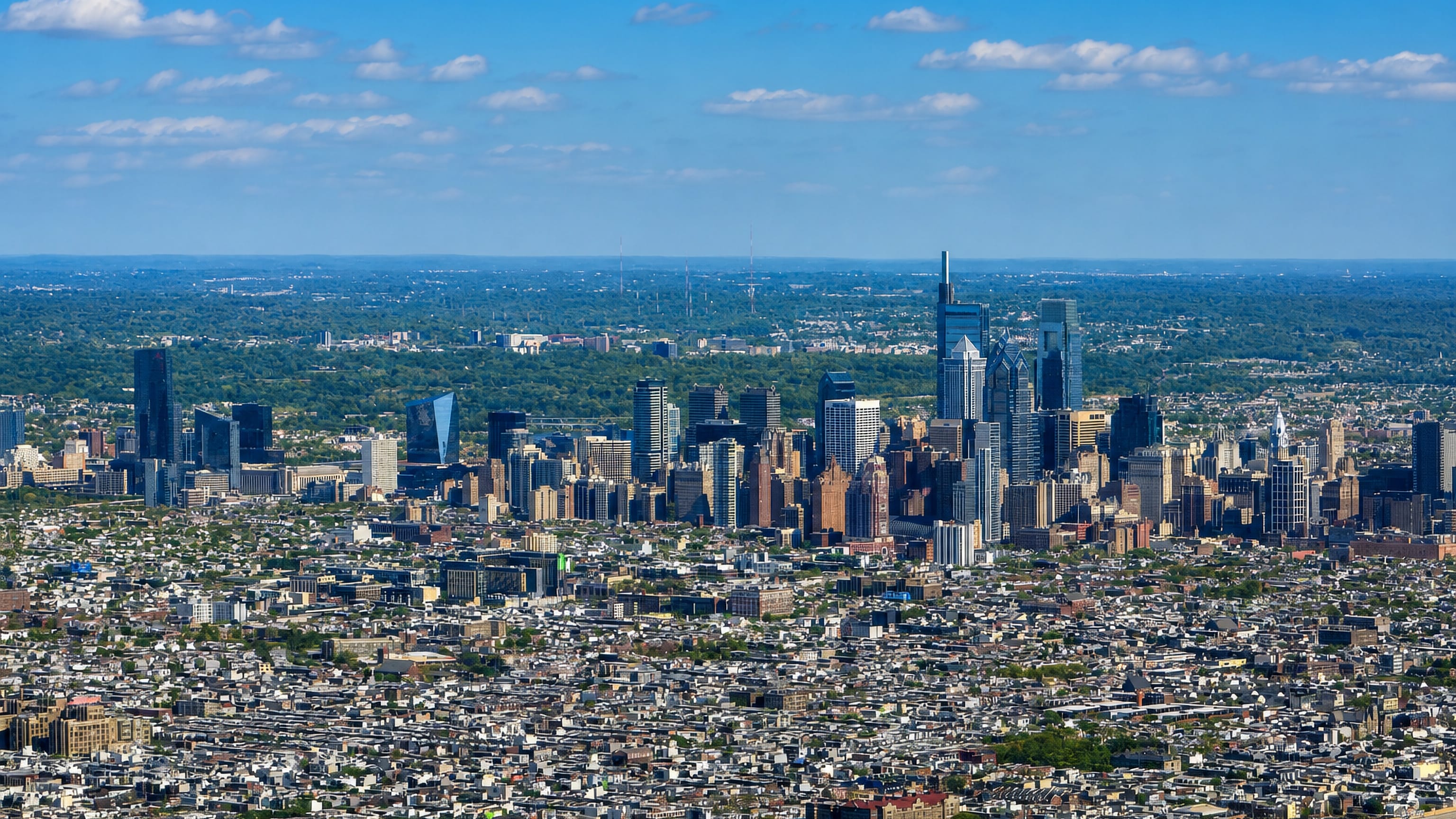 Aerial view of the Philadelphia skyline rising above the dense rowhouse grid seen from Southwest Center City.
