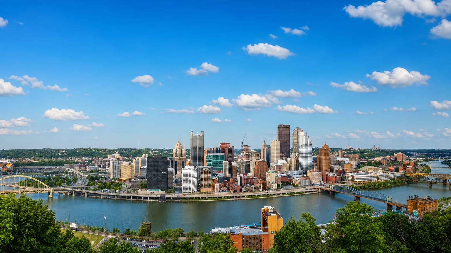 Pittsburgh's Golden Triangle skyline and three rivers viewed from Mount Washington, with the yellow bridges.