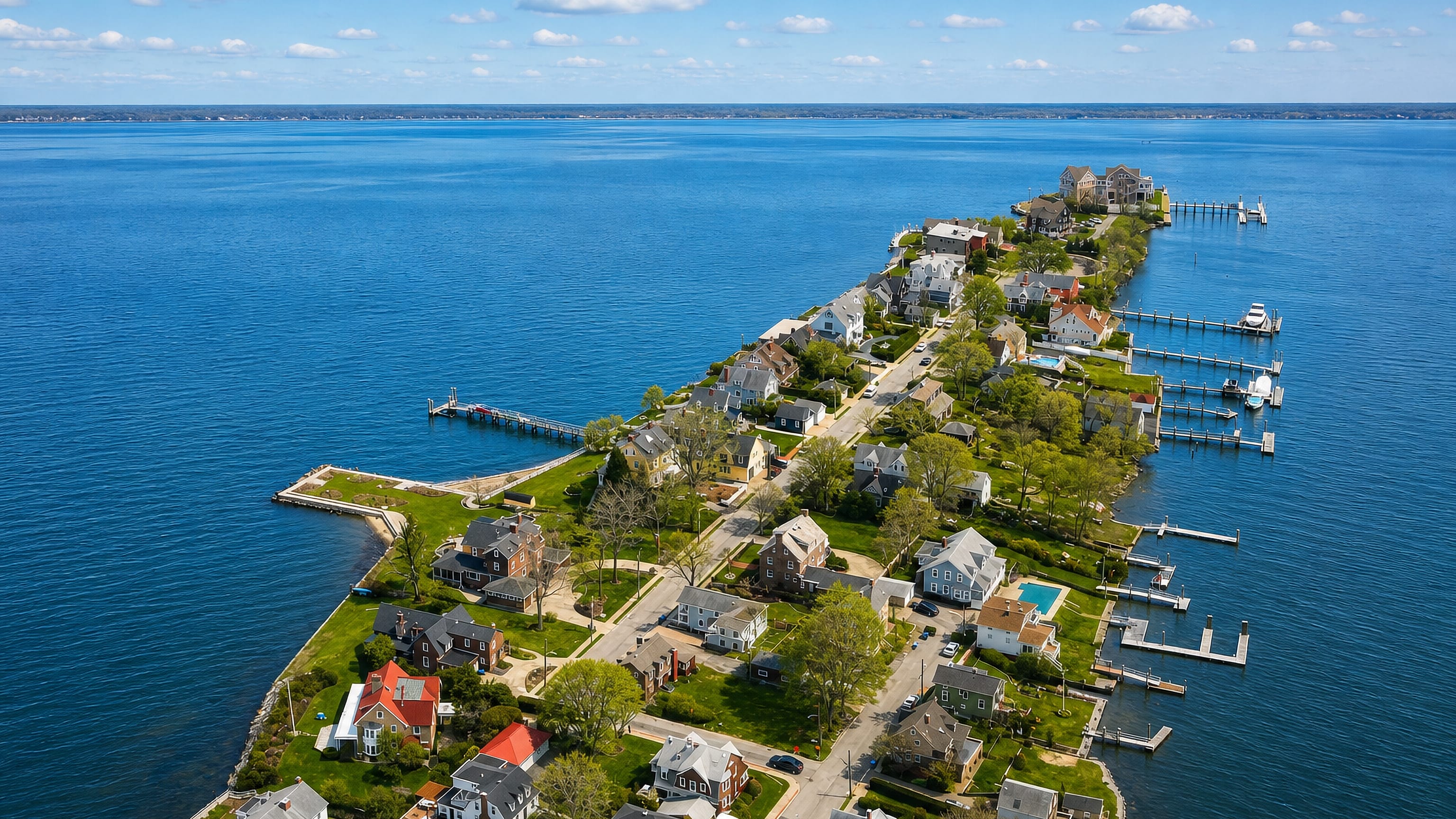 Aerial view of a narrow bayside peninsula of clapboard houses and private docks near Cranston, Rhode Island.