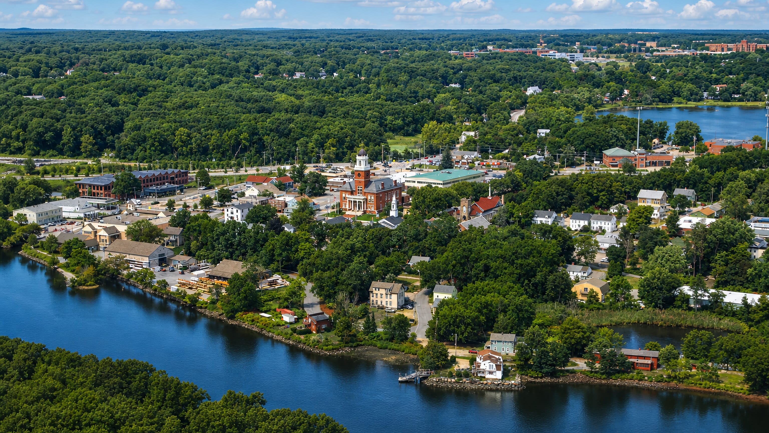 A brick clock-tower town hall and white church spire above the wooded riverbank in Warwick, Rhode Island.