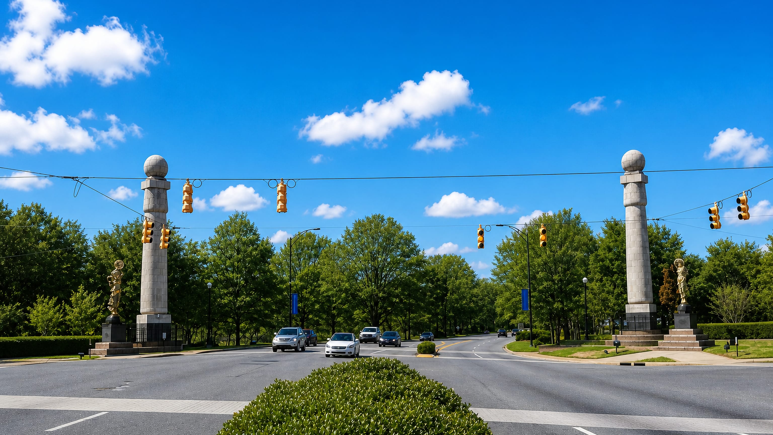 Gateway columns with bronze figures at a tree-lined boulevard entrance to Rock Hill, South Carolina.