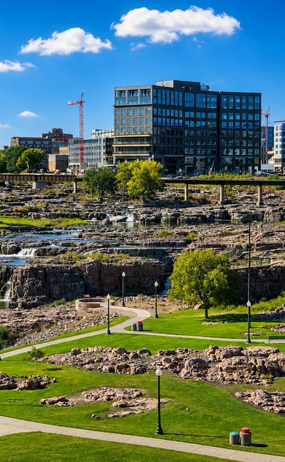 Sioux Falls, South Dakota with the pink-quartzite waterfalls of Falls Park below the downtown skyline