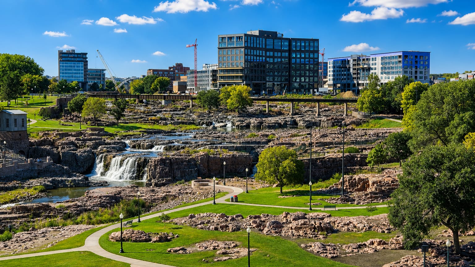 Sioux Falls, South Dakota with the pink-quartzite waterfalls of Falls Park below the downtown skyline
