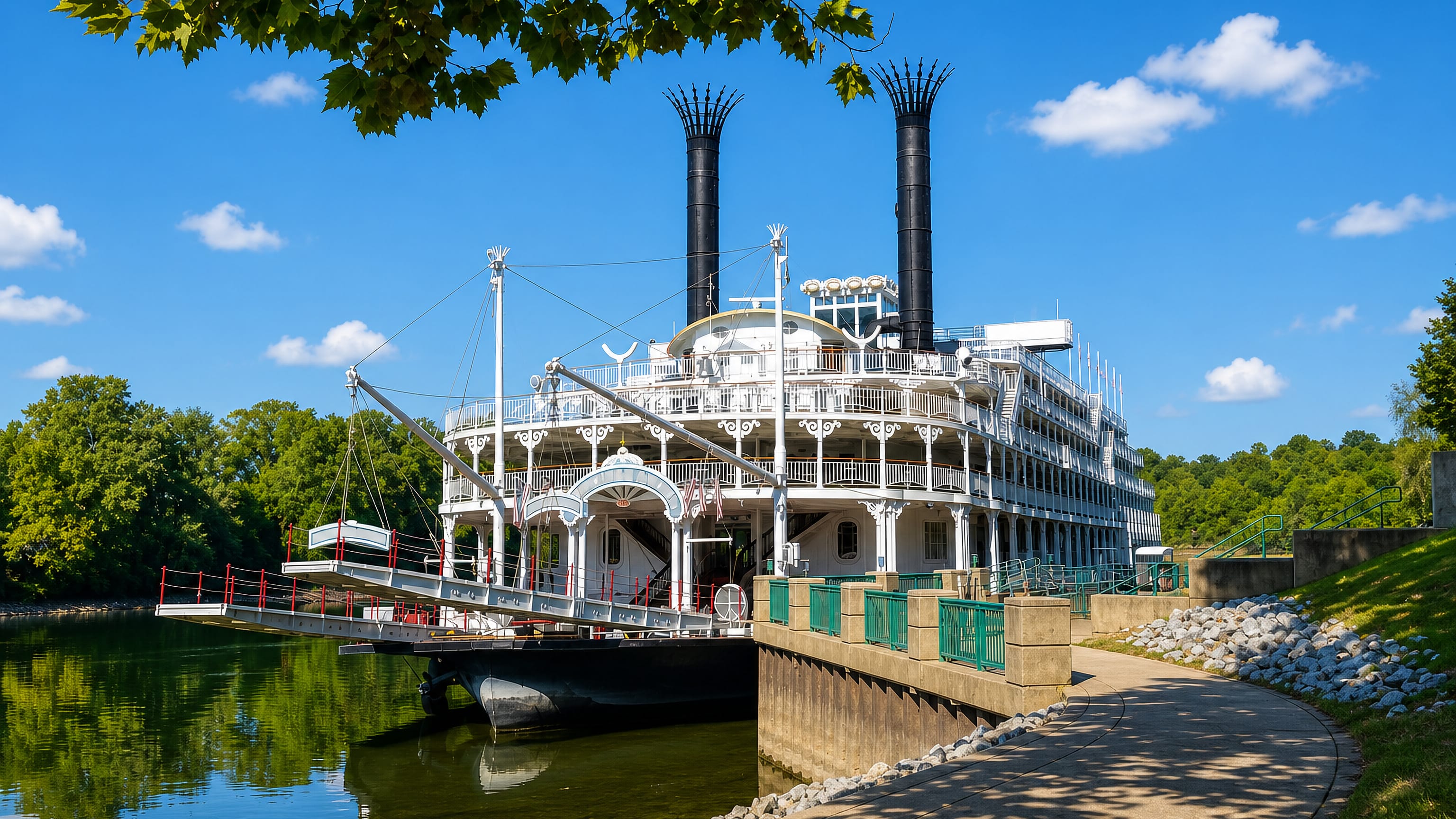 A white paddle-wheel riverboat moored on the Cumberland River waterfront at Clarksville, Tennessee