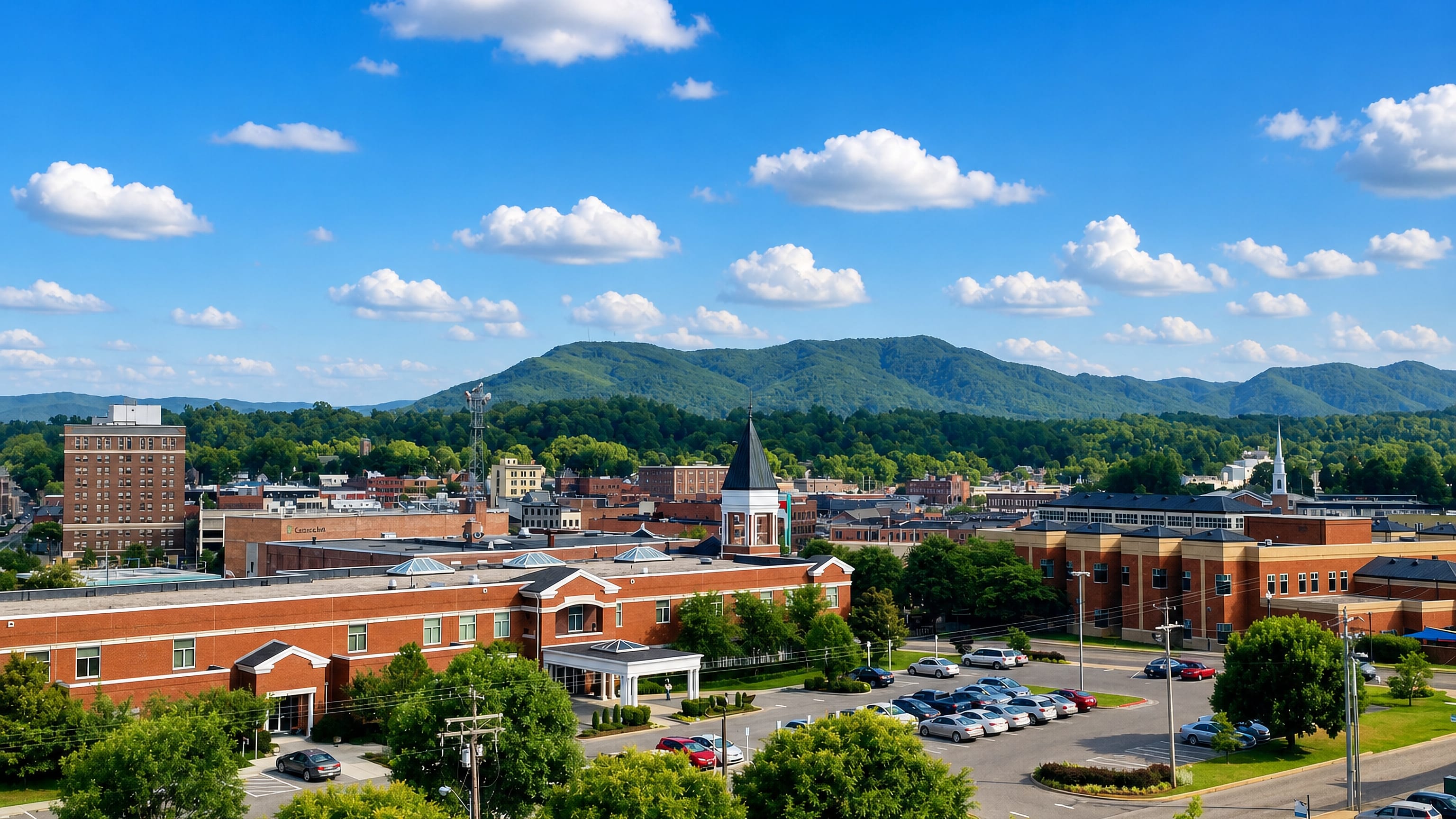 Downtown Johnson City, Tennessee, brick blocks and a church steeple below the green Appalachian ridges.
