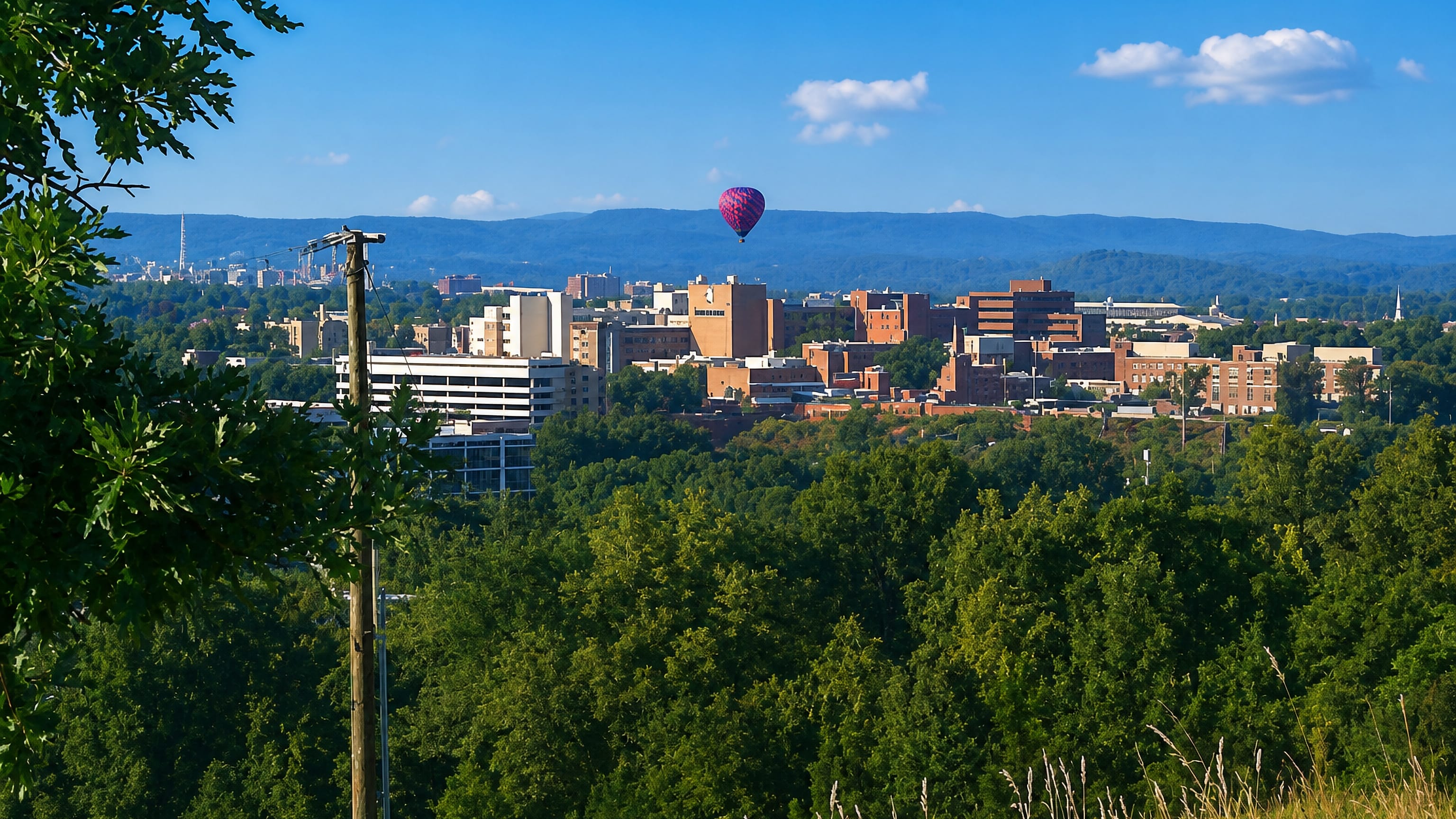 Downtown Kingsport, Tennessee, seen from a wooded hillside with brick buildings below the blue Appalachian ridges.