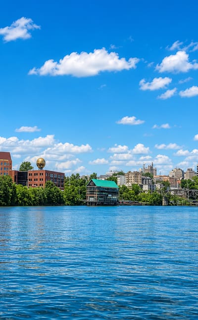 Knoxville, Tennessee, riverfront skyline with Neyland Stadium and the golden Sunsphere across the Tennessee River.