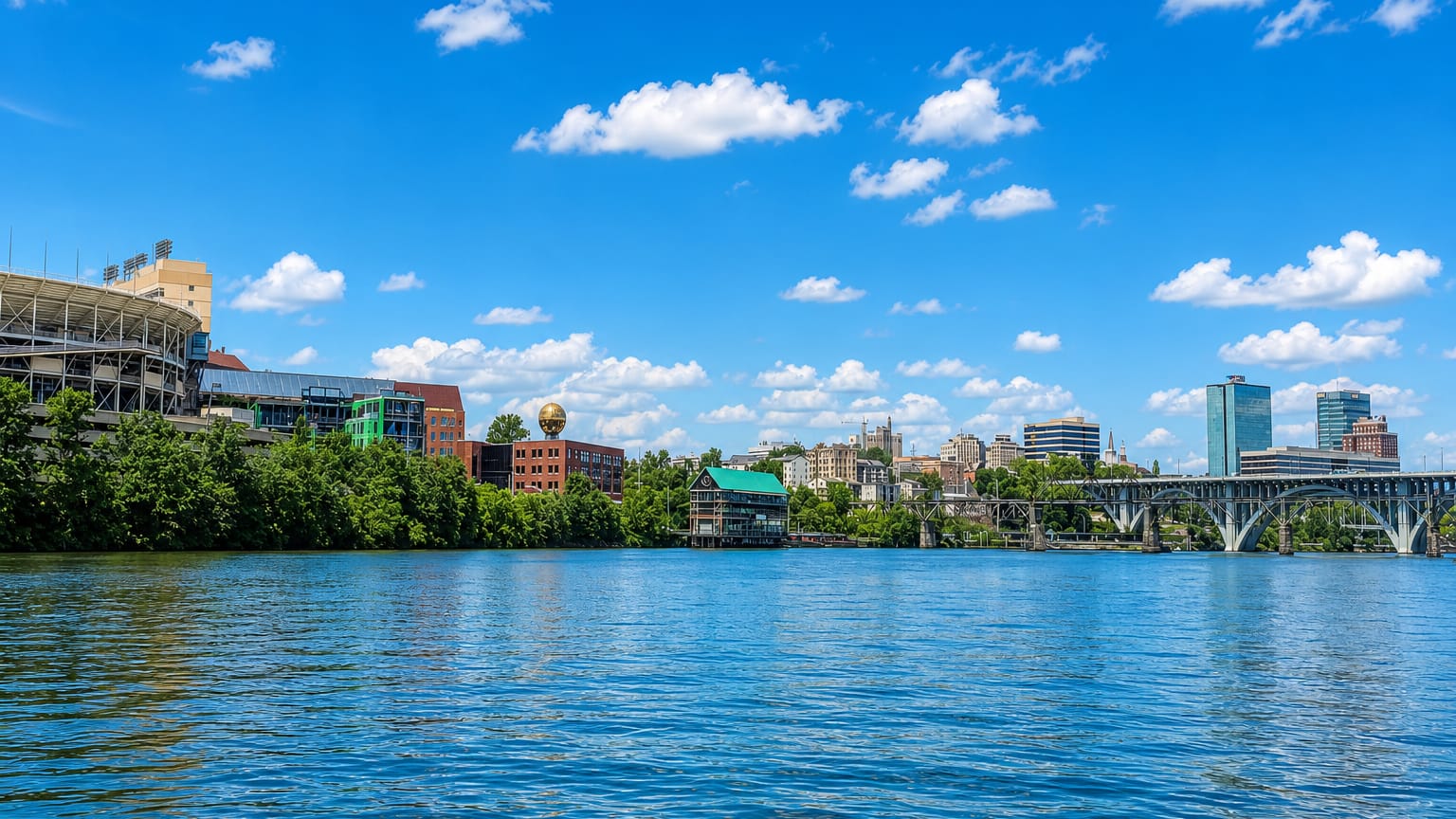Knoxville, Tennessee, riverfront skyline with Neyland Stadium and the golden Sunsphere across the Tennessee River.