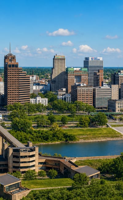 Memphis downtown skyline above the riverfront with the Mud Island monorail bridge over the water