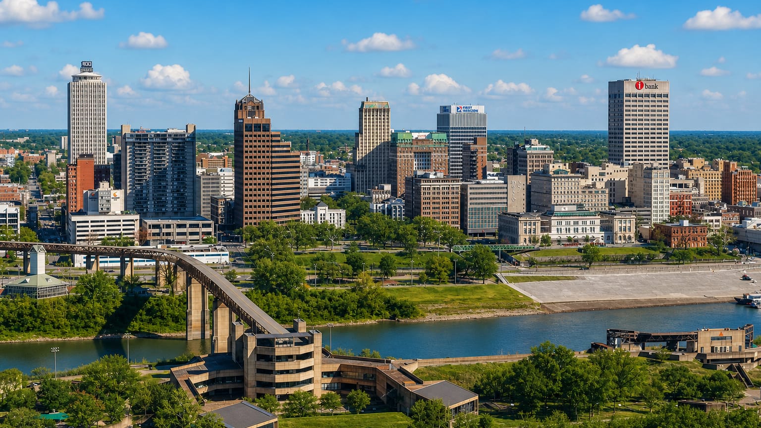 Memphis downtown skyline above the riverfront with the Mud Island monorail bridge over the water