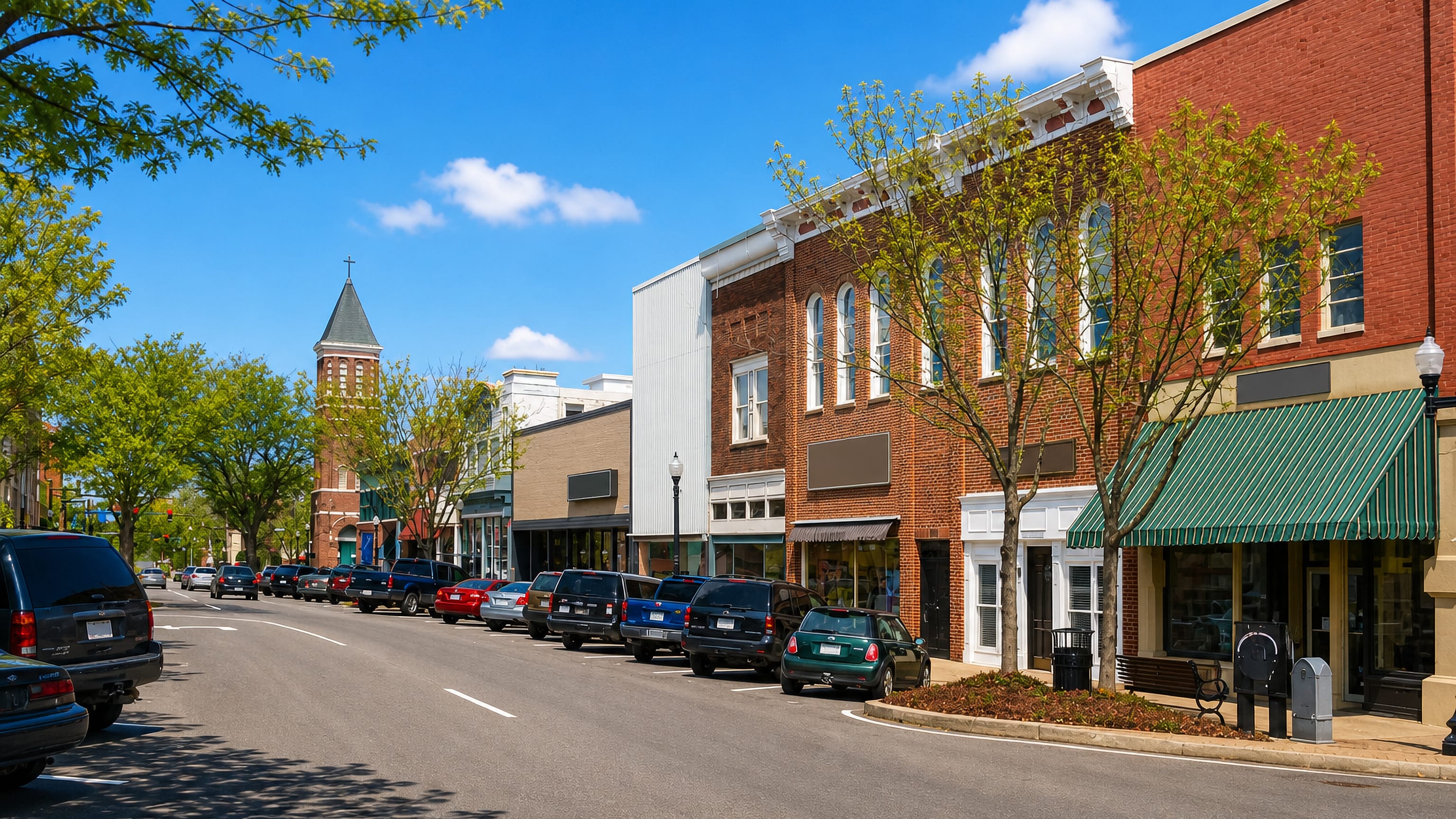 Brick storefronts and awnings along a downtown Murfreesboro street, a church steeple rising beyond.
