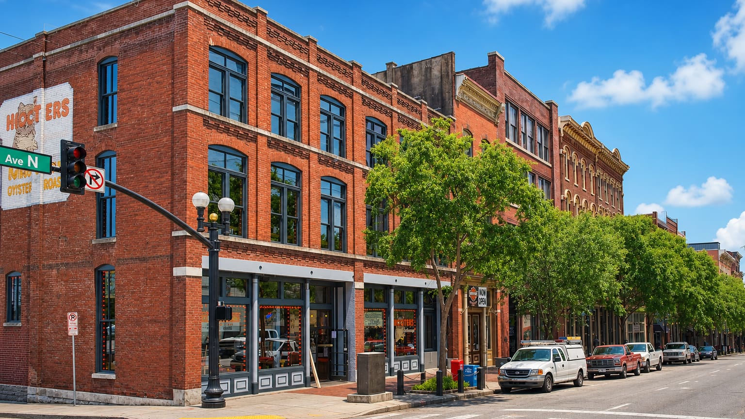 Historic Victorian red-brick commercial buildings line 2nd Avenue North in Nashville's Second Avenue District.