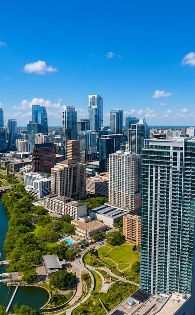 Aerial of downtown Austin skyline along Lady Bird Lake with bridges and glass towers under a clear blue sky.