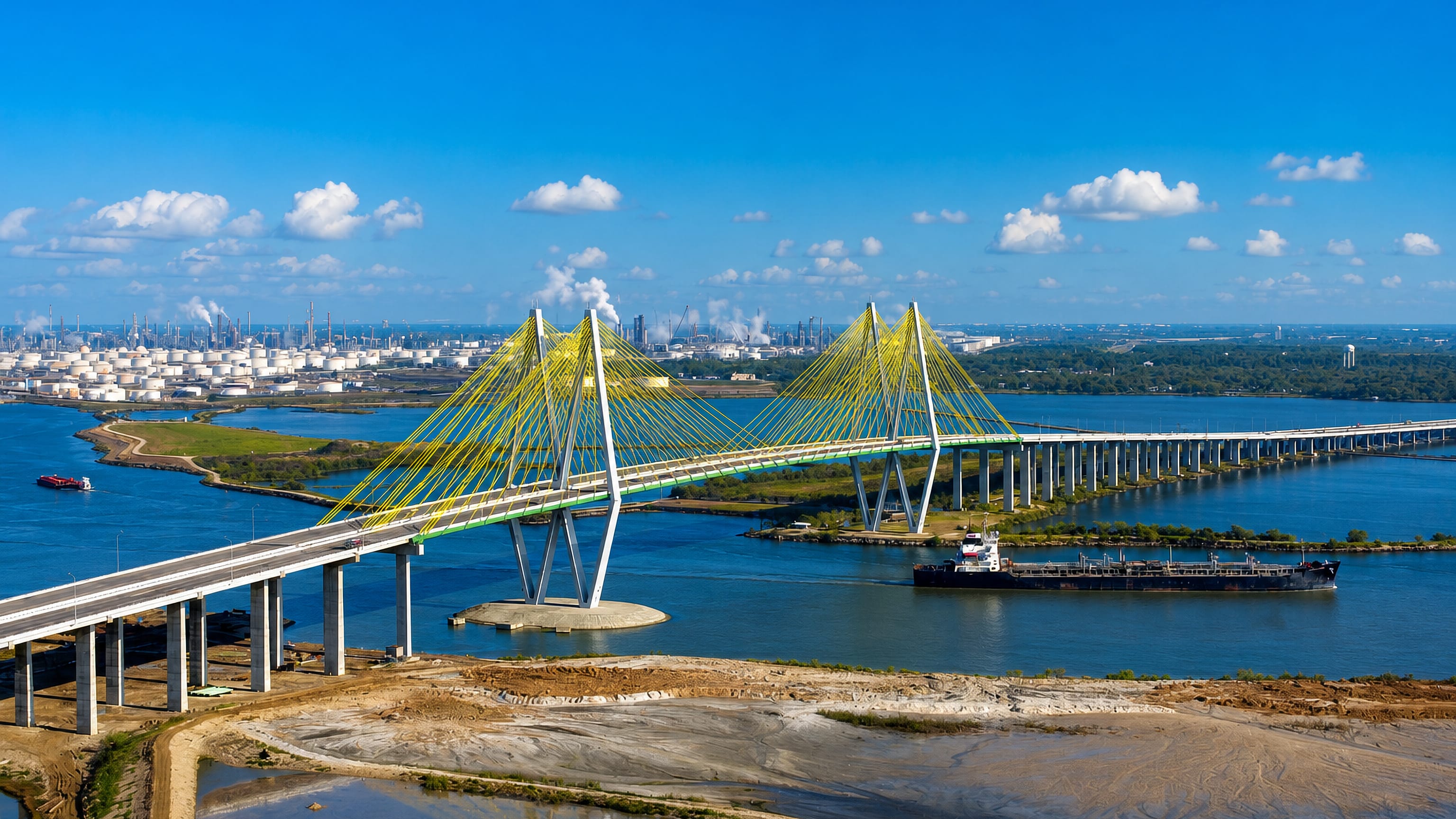 The cable-stayed Fred Hartman Bridge spanning the Houston Ship Channel at Baytown, Texas, refineries beyond.