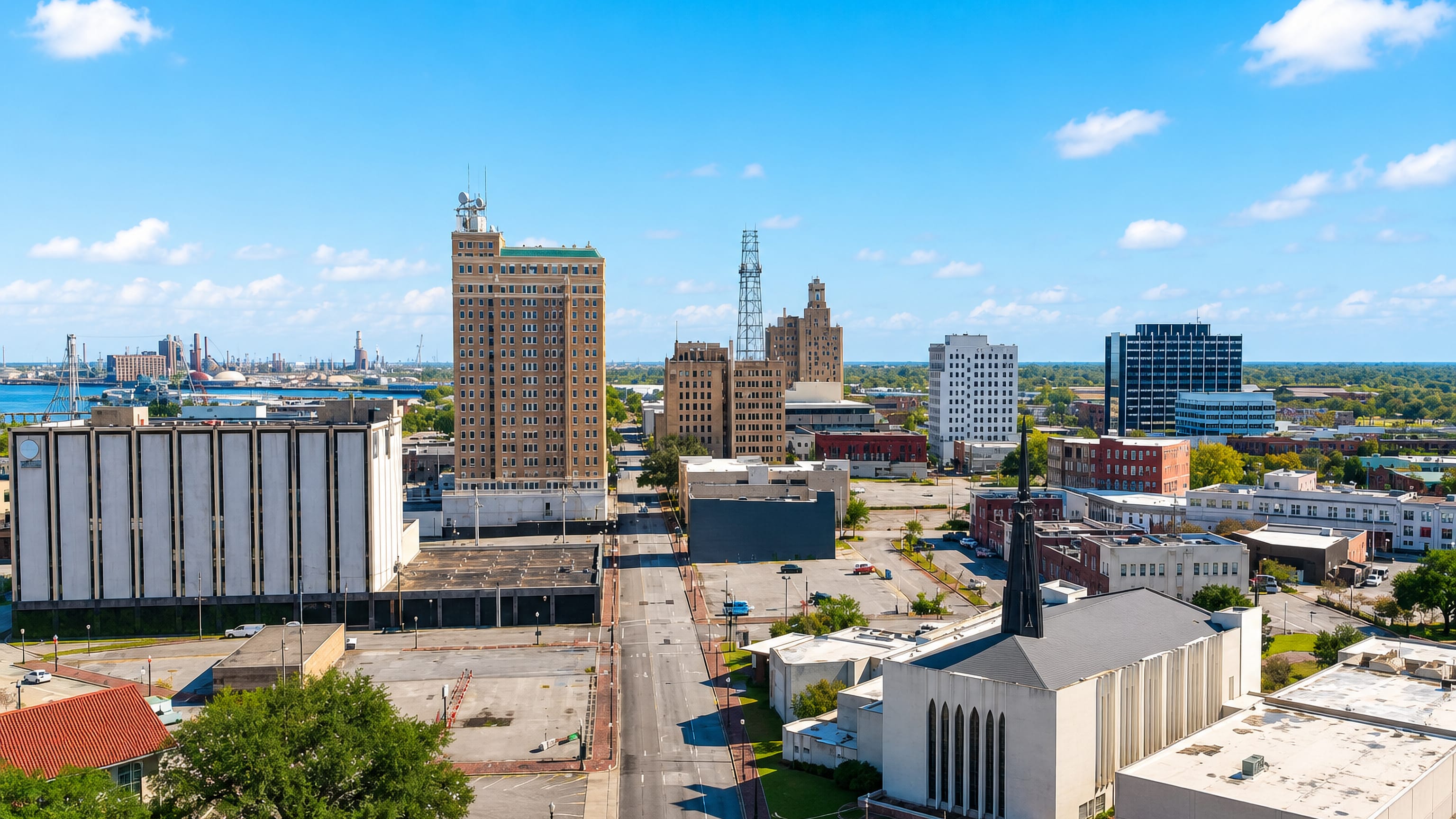 Downtown Beaumont, Texas, from the air, with its historic brick tower, low-rise blocks and refineries by the Neches