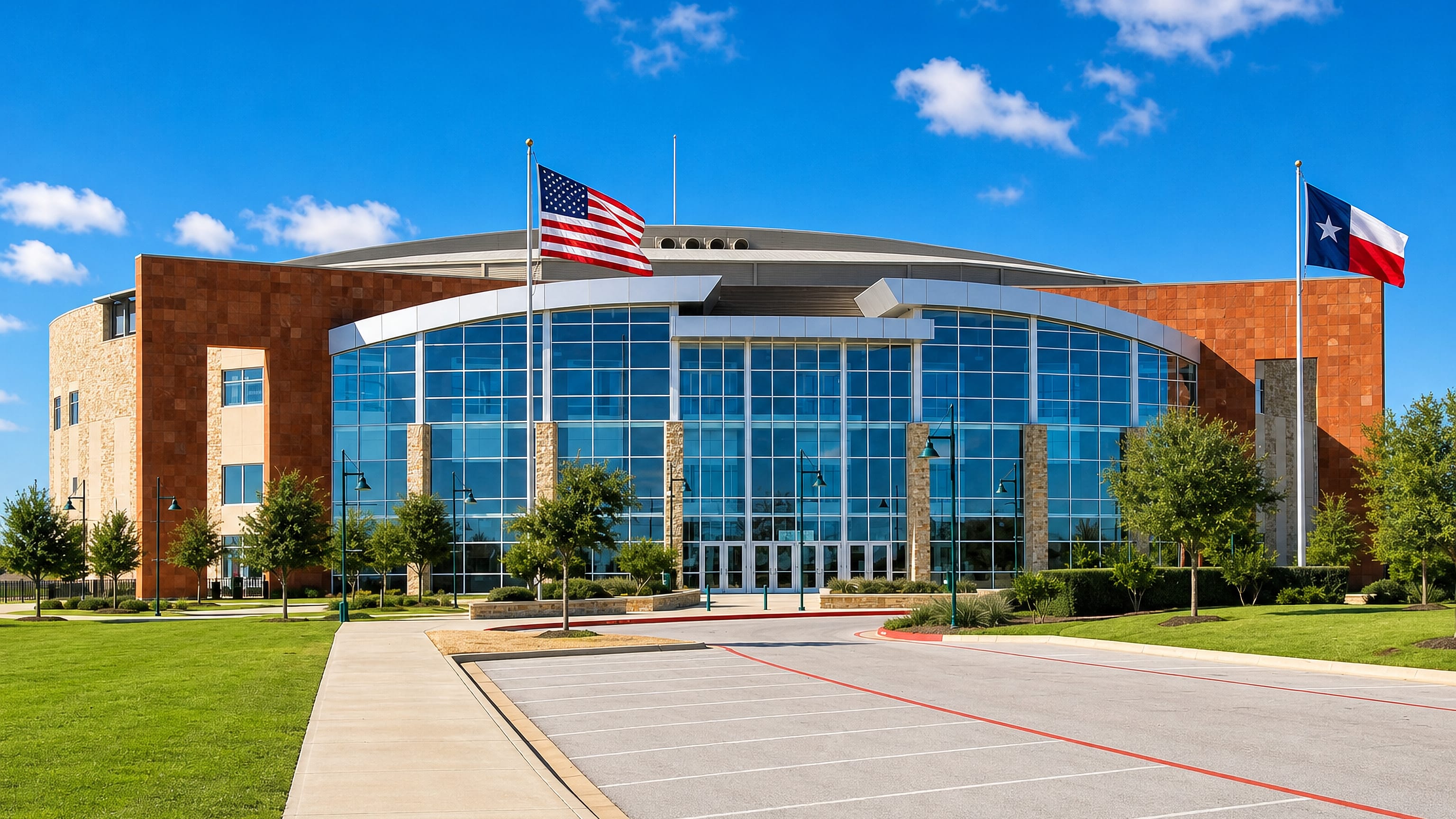 Cedar Park, Texas: a curved glass-and-limestone civic center flying US and Texas flags under a clear blue sky.