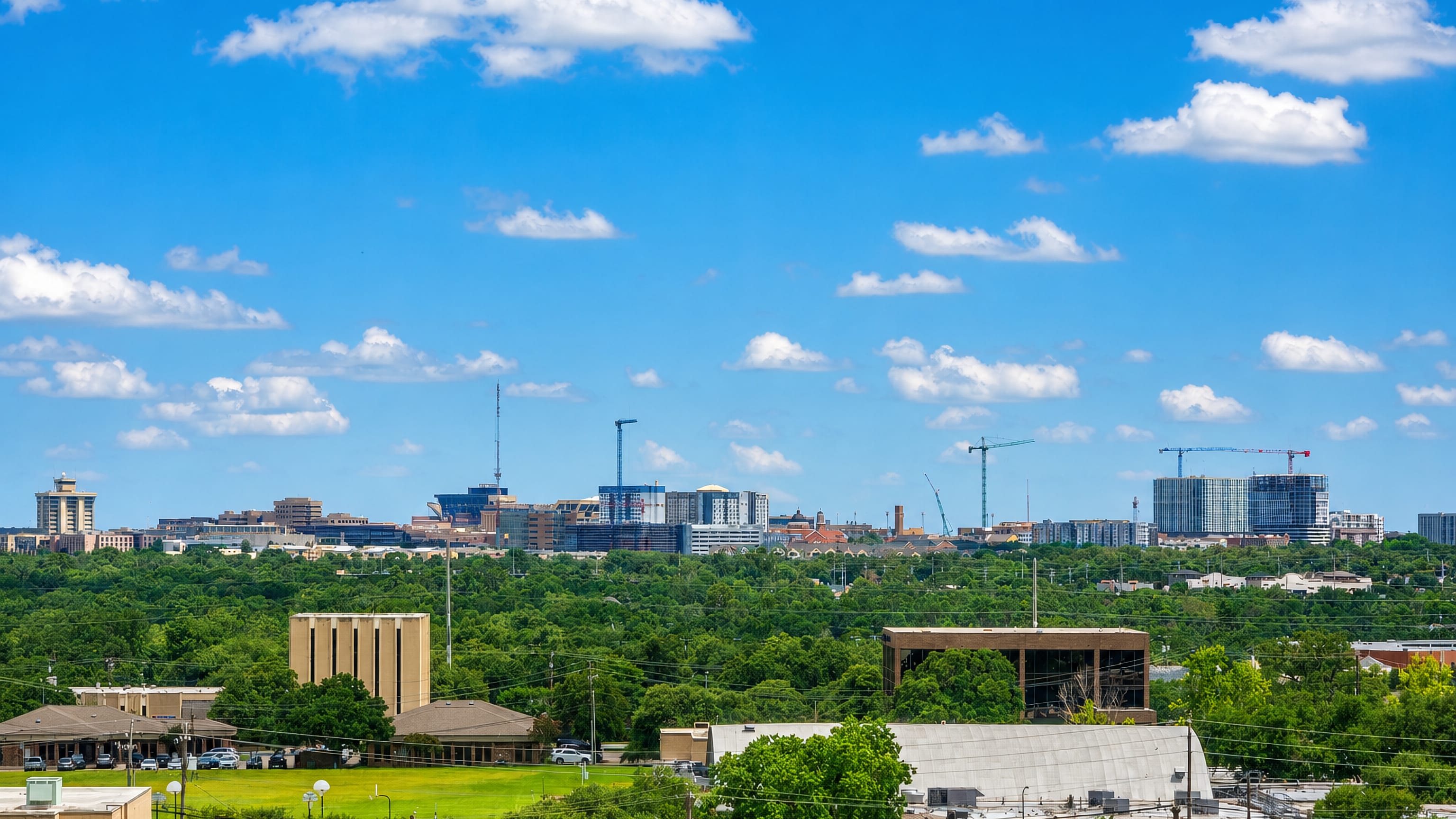 Distant College Station, Texas skyline of low-rise blocks and construction cranes above a broad tree canopy.