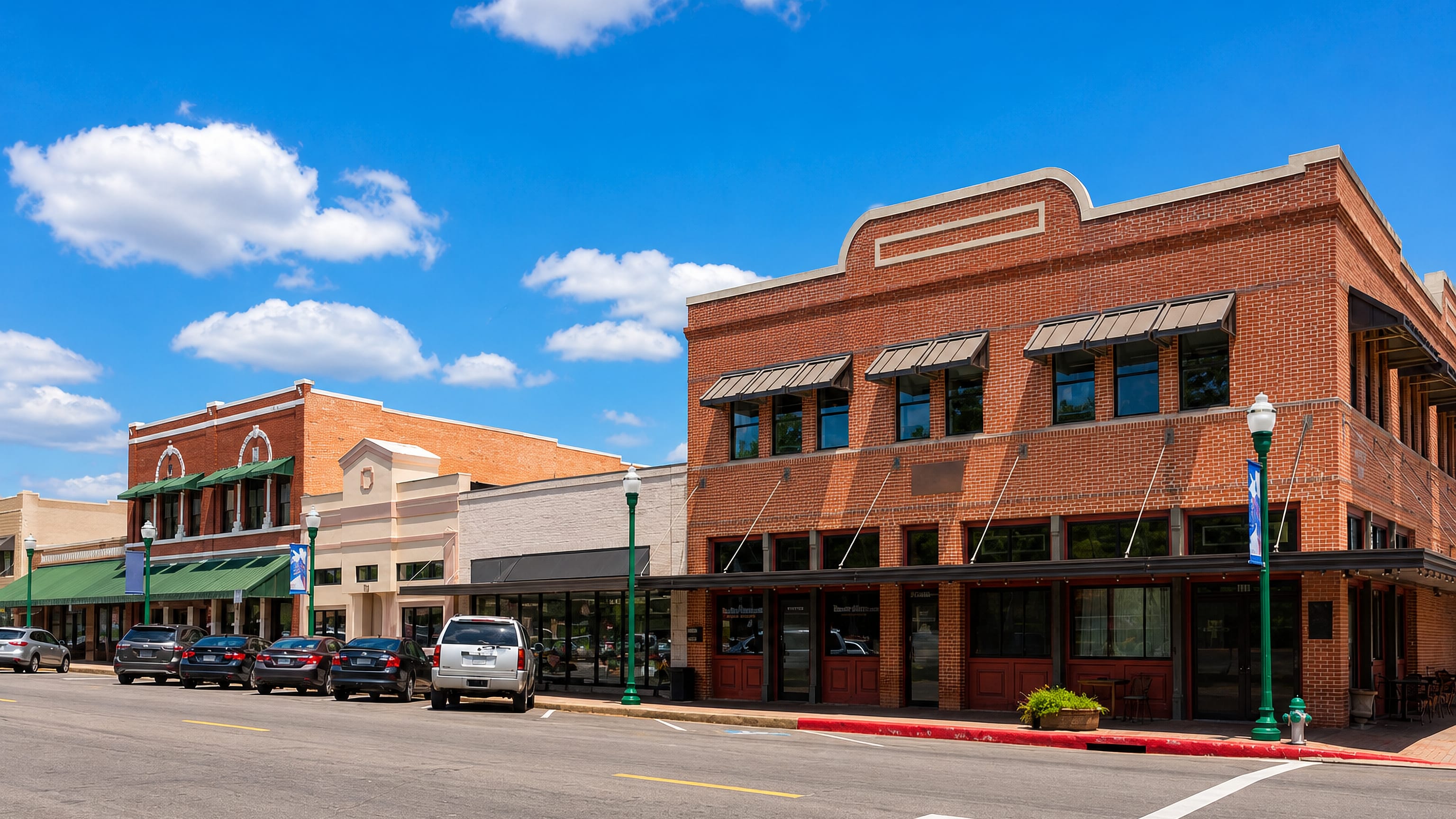 Restored red-brick storefronts along a sunlit downtown street in Conroe, Texas.