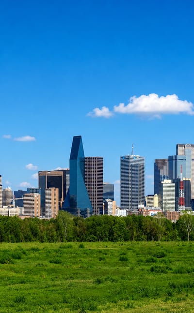 Dallas downtown skyline rising beyond a green field under a bright blue sky