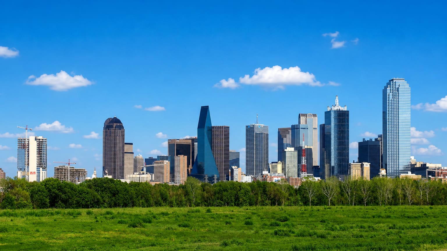 Dallas downtown skyline rising beyond a green field under a bright blue sky