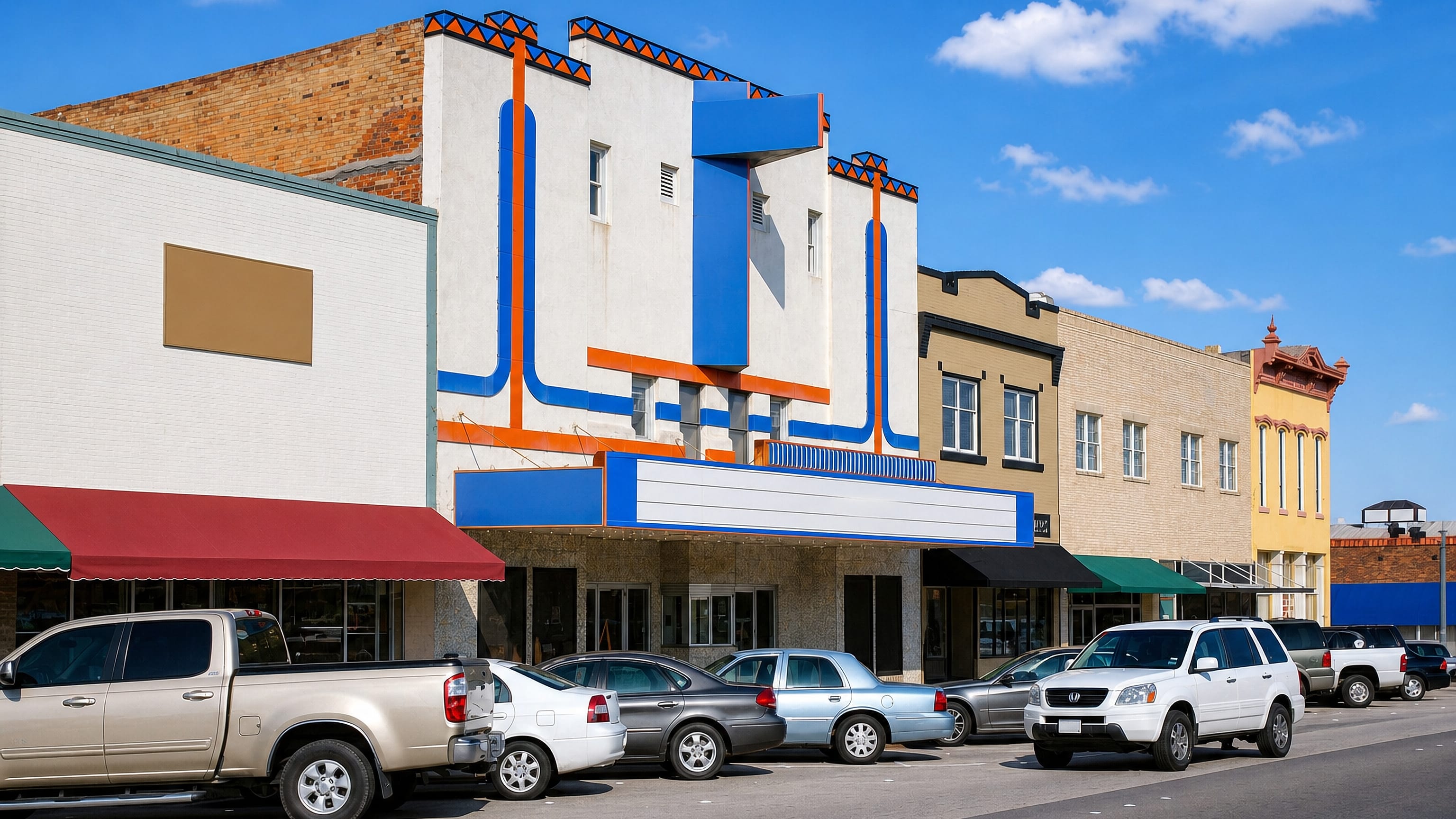 Downtown Denton, Texas, with an Art Deco theatre marquee and brick storefronts along a sunlit main street.