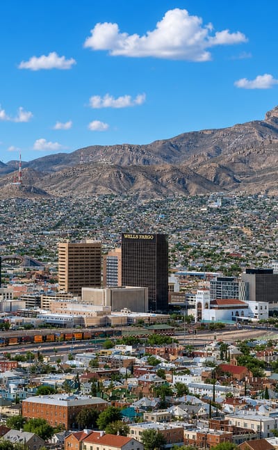 Downtown El Paso skyline with the Wells Fargo tower below the Franklin Mountains