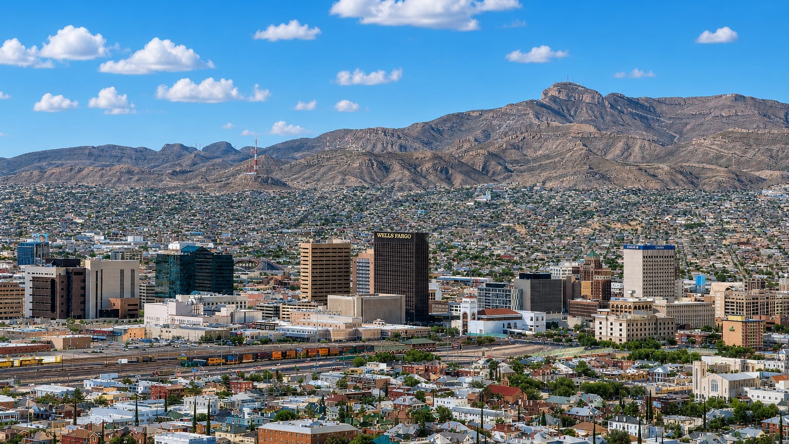 Downtown El Paso skyline with the Wells Fargo tower below the Franklin Mountains