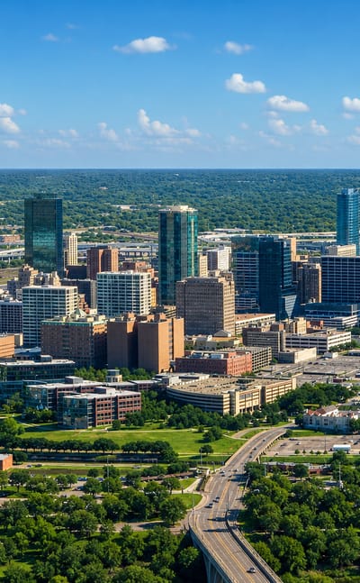 Aerial view of the downtown Fort Worth skyline above the green Trinity River, Texas