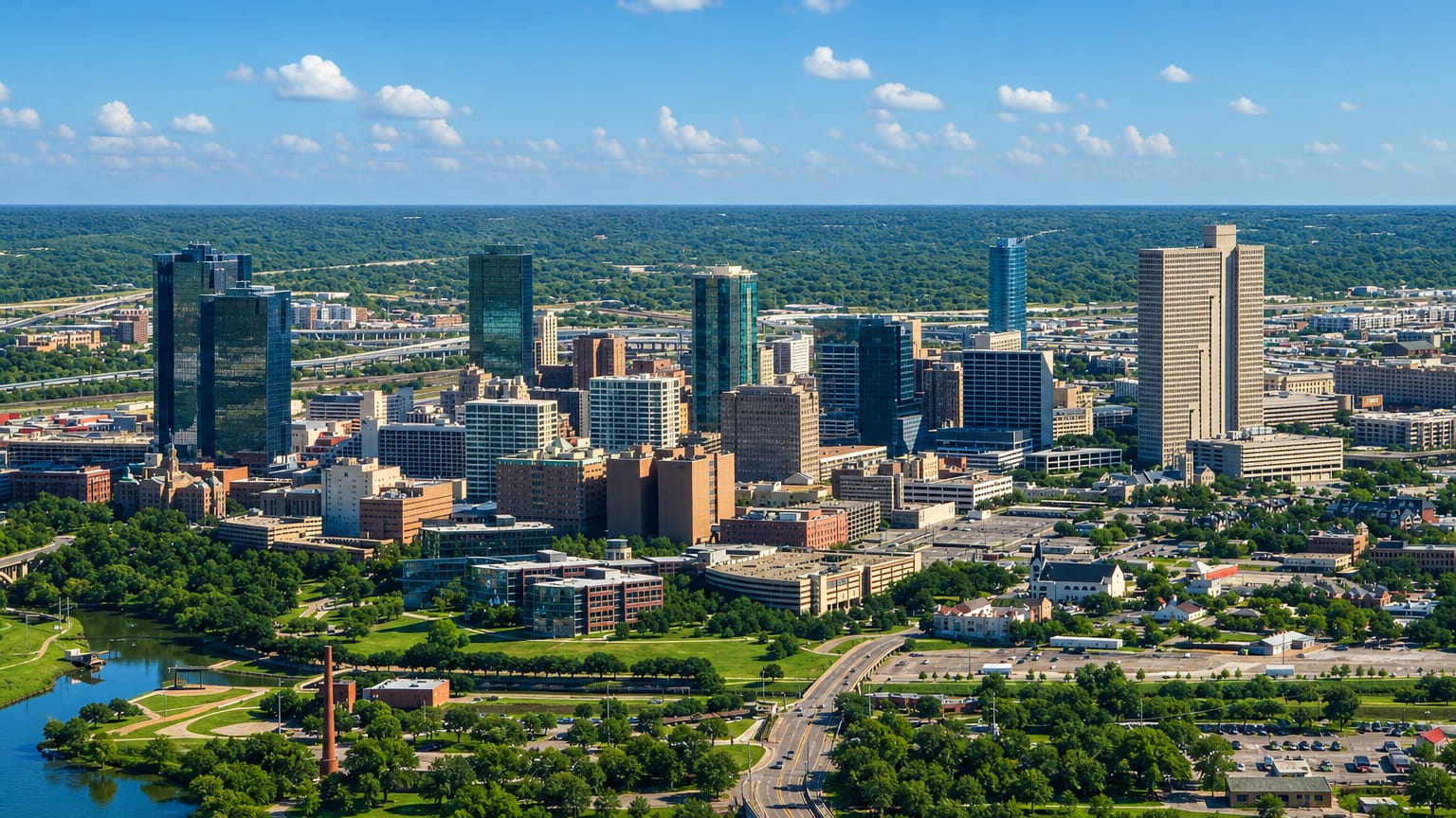 Aerial view of the downtown Fort Worth skyline above the green Trinity River, Texas