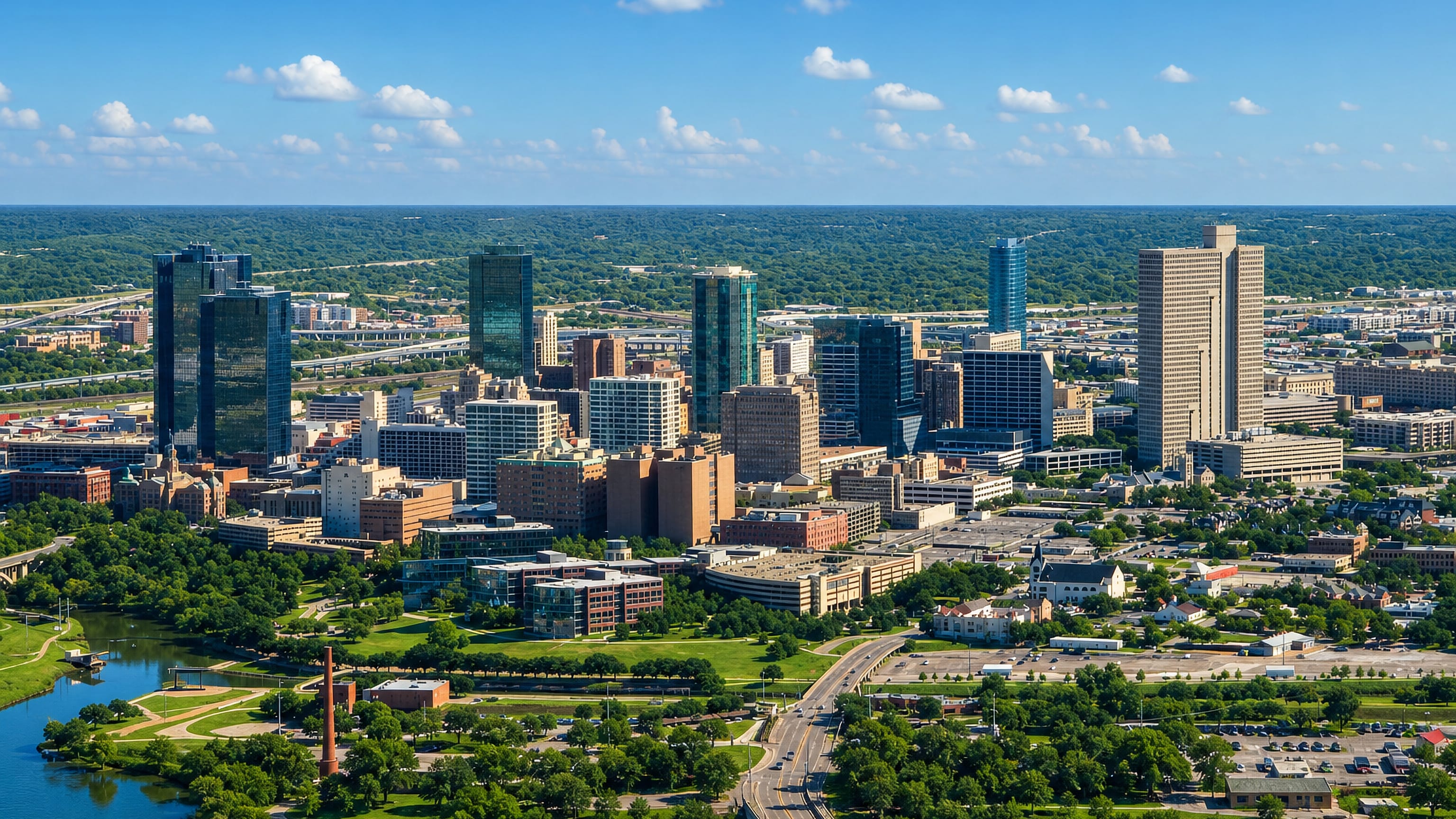 Aerial view of the downtown Fort Worth skyline above the green Trinity River, Texas