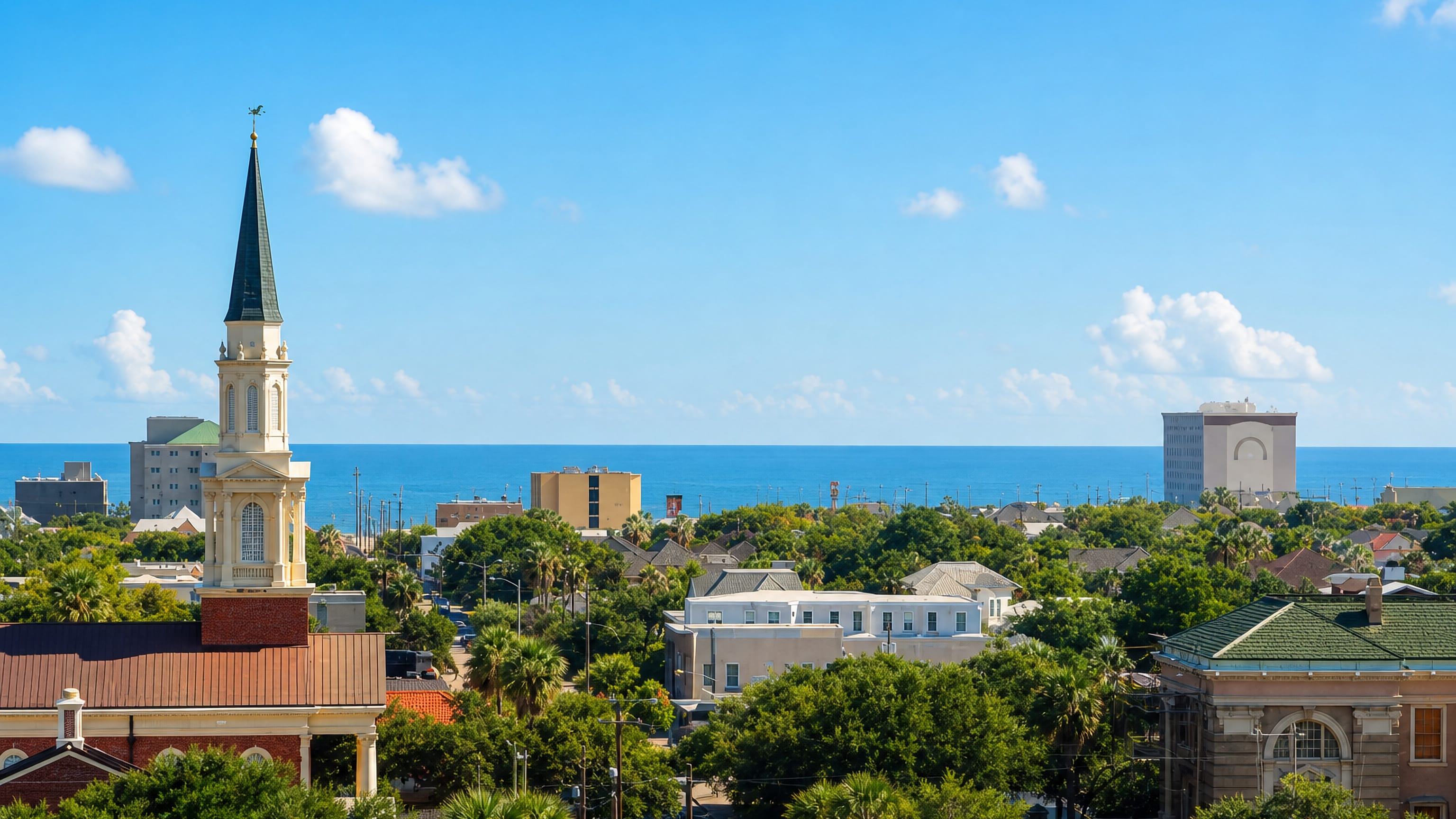 Galveston's historic East End rooftops and church steeple above palm trees, with the Gulf of Mexico beyond
