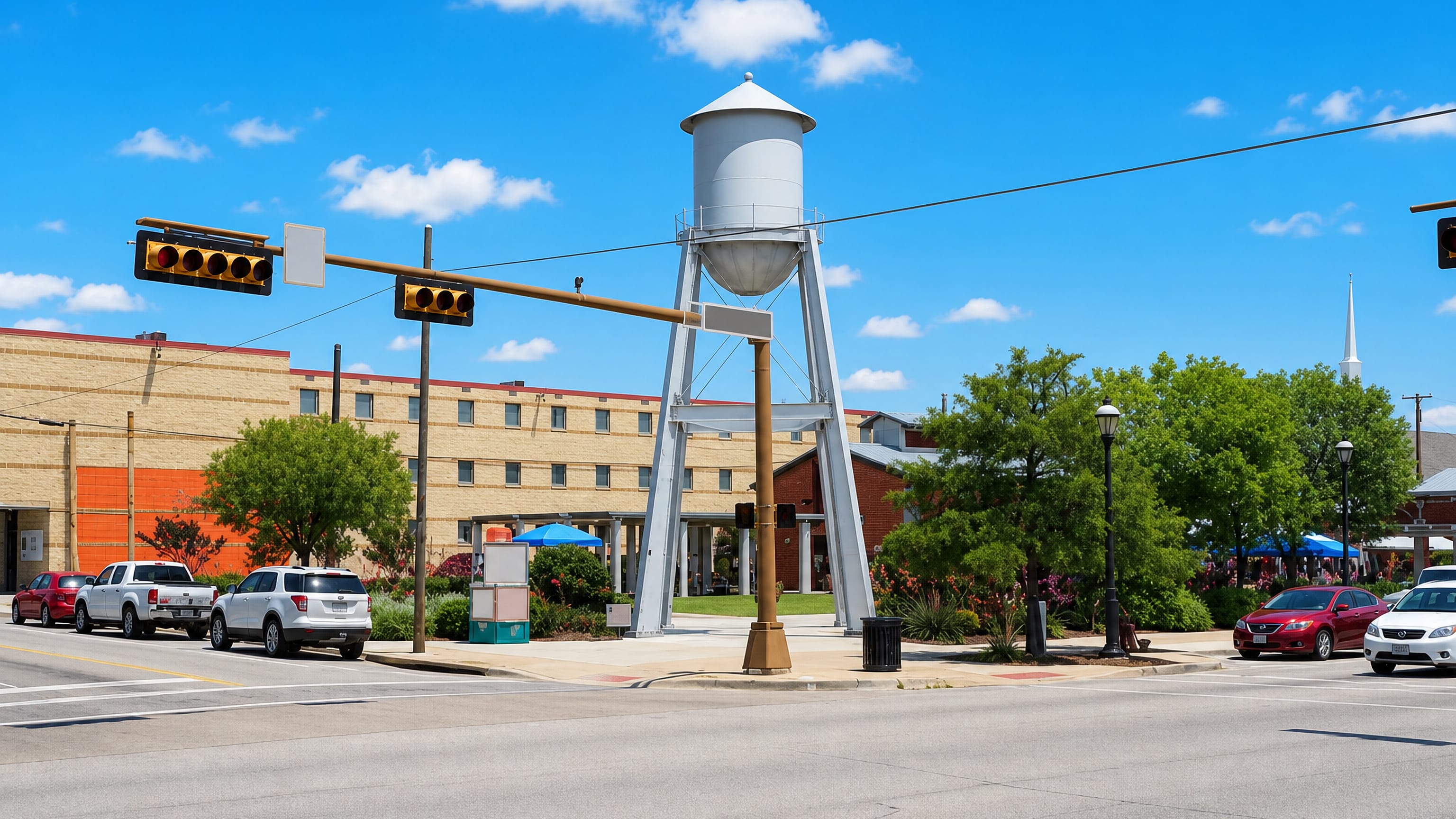 A historic white water tower above a downtown street corner in Grand Prairie, Texas, on a clear summer day.