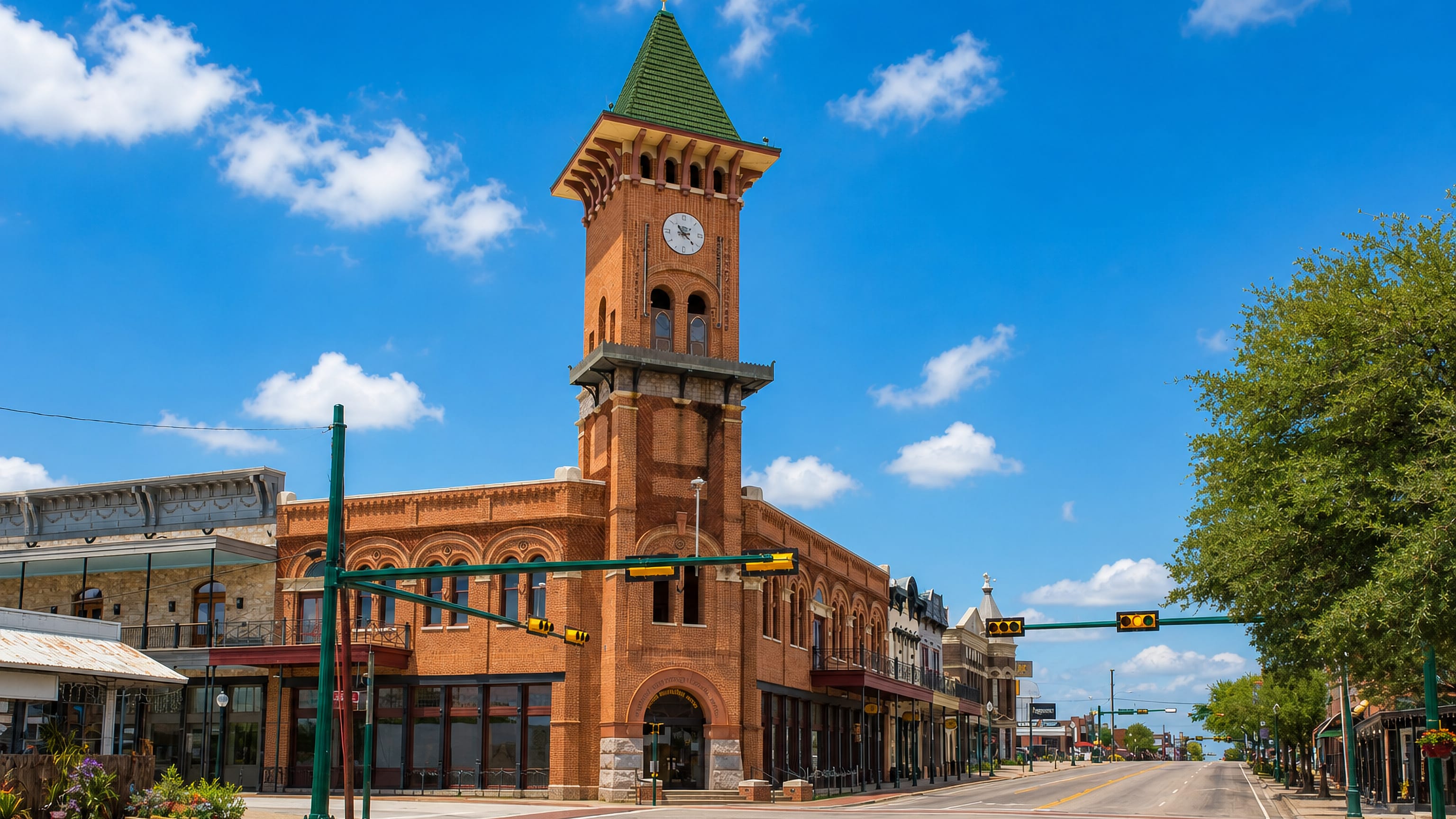 The brick clock tower on historic Main Street in Grapevine, Texas, with storefronts along the road.